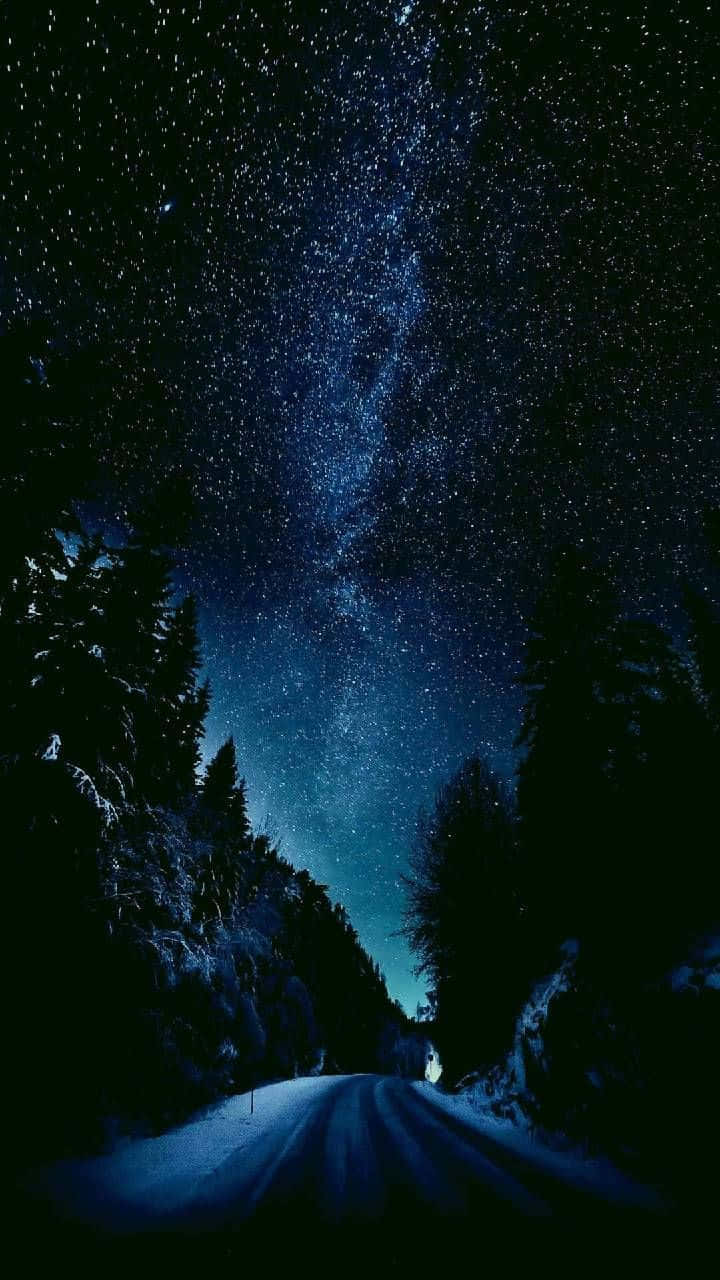 Stars 桌布 壁紙 — 一條被雪覆蓋的道路蜿蜒穿過黑暗的森林，在令人嘆為觀止的星空下，充滿了銀河。
