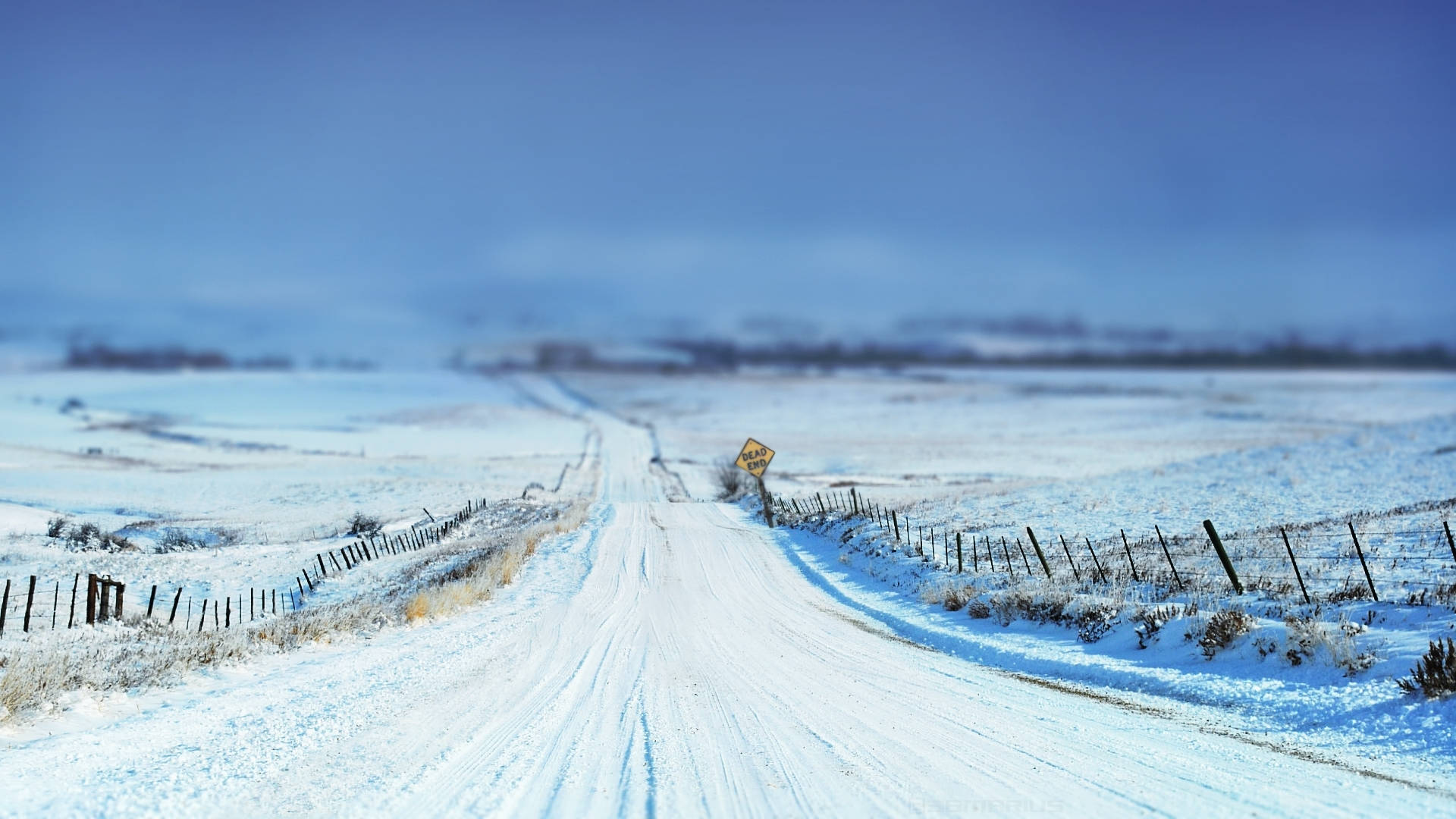 寒冷 桌布 壁紙 — 一條被雪覆蓋的鄉村道路在晴朗的藍天下延伸至遠方，兩旁有木柵欄。