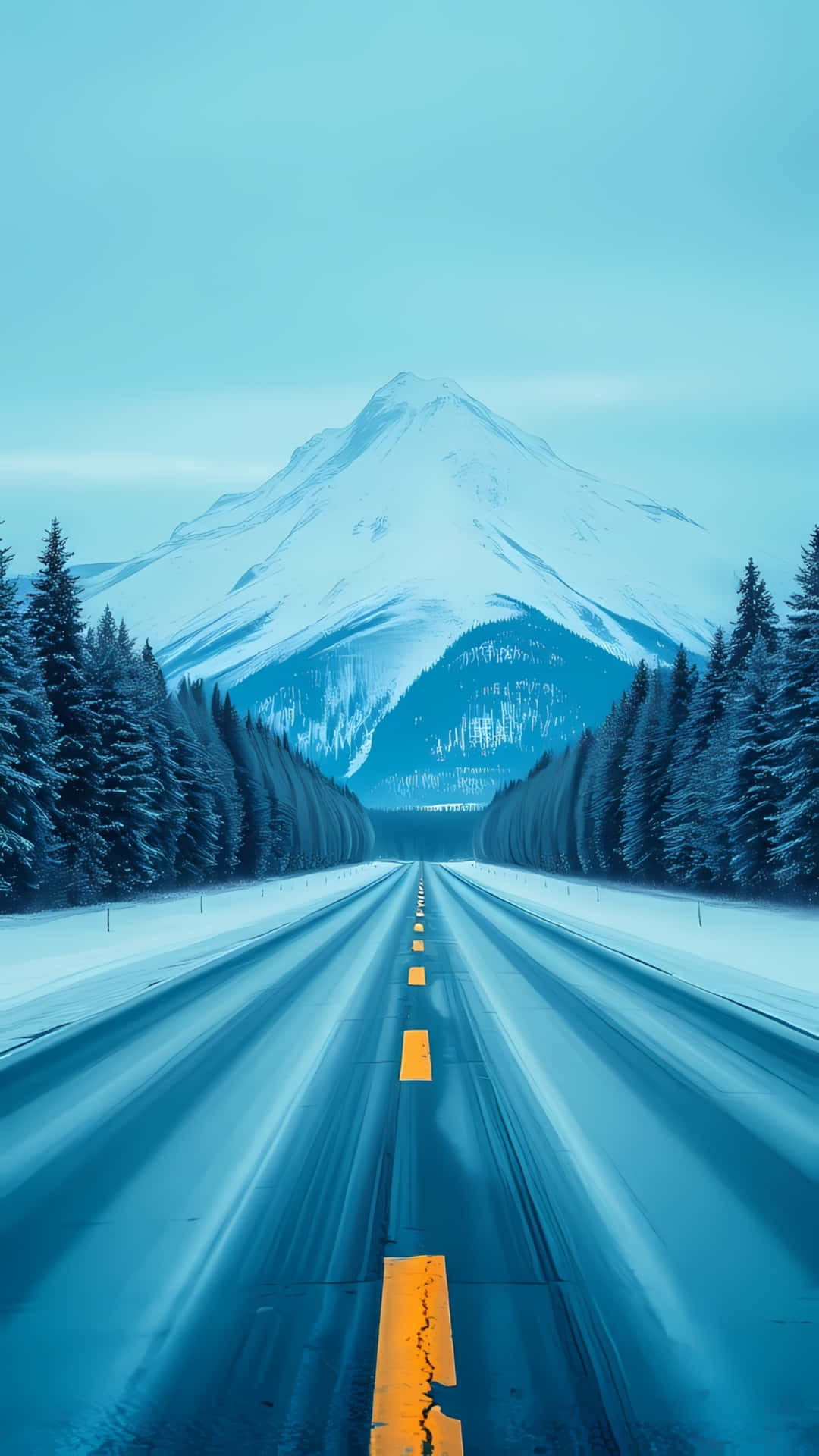Scenic Winter Road to Snowy Mountain 壁紙 — 一條被雪覆蓋的高速公路伸向一座高聳的山峰，山峰被常綠樹環繞，天空是淡藍色。