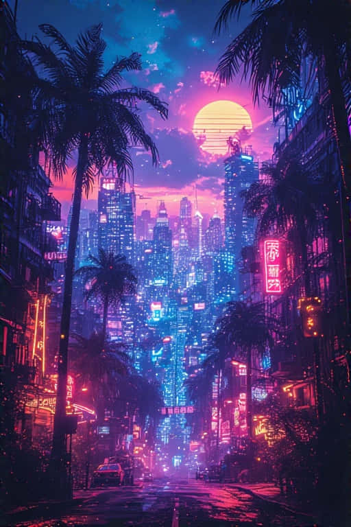 Cityscape Wallpaper Neon Lights, Palm Trees & 80s Vibe 壁紙 — 一條被霓虹燈浸染的 cyberpunk 街道，兩旁棕櫚樹成蔭，通往一座高聳城市景觀背後閃耀的夕陽。