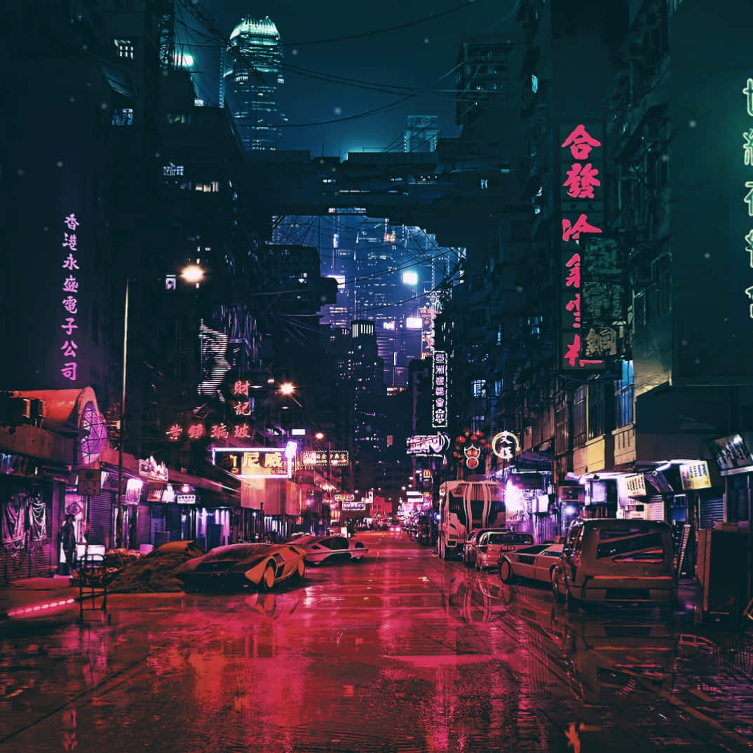 賽博龐克城市 桌布 壁紙 — 一條被霓虹燈浸透、雨水淋濕的小巷，在賽博龐克城市的夜晚，發光的招牌在潮濕的柏油路上反射。