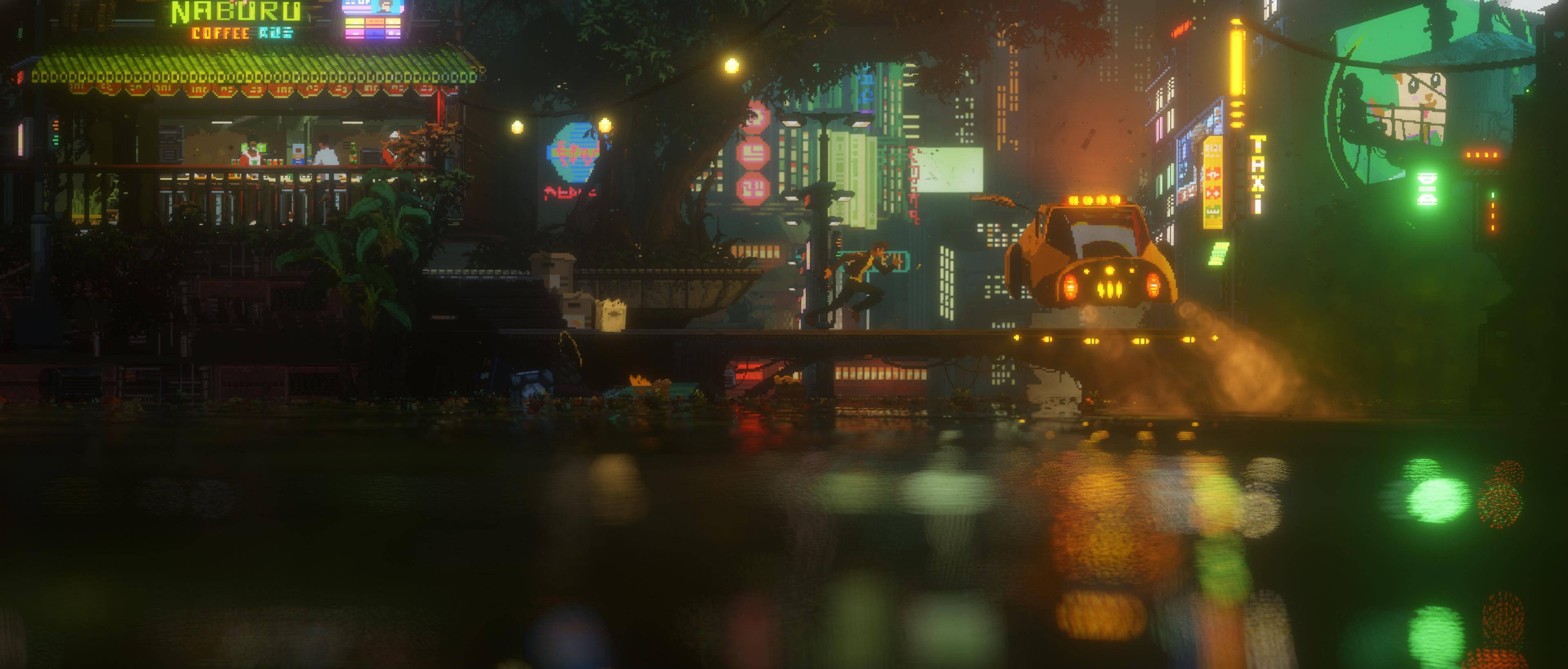 賽博龐克超寬 桌布 壁紙 — 一條被霓虹燈照亮、雨濕的夜晚城市街道，一輛黃色計程車飛馳過倒映著發光招牌的水坑。