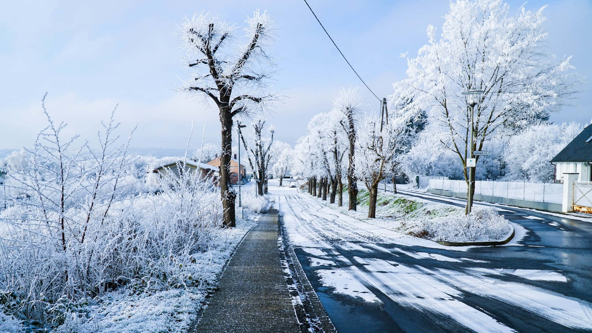 Road 桌布 壁紙 — 一條被霜覆蓋的鄉村道路，兩旁是結冰的樹木，在淡藍色的冬日天空下。