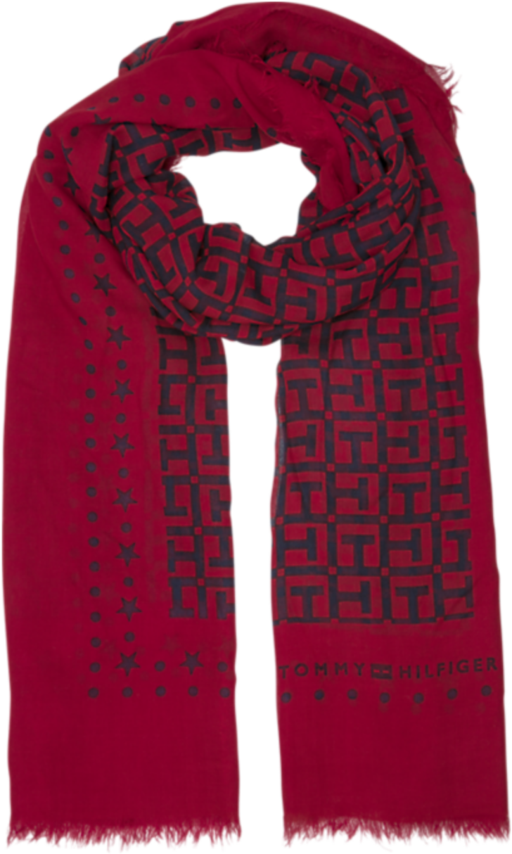 Scarf 桌布 壁紙 — 一條豐富的紅色Tommy Hilfiger圍巾，帶有黑色幾何圖案和星星圖案，以柔軟的褶皺垂墜。