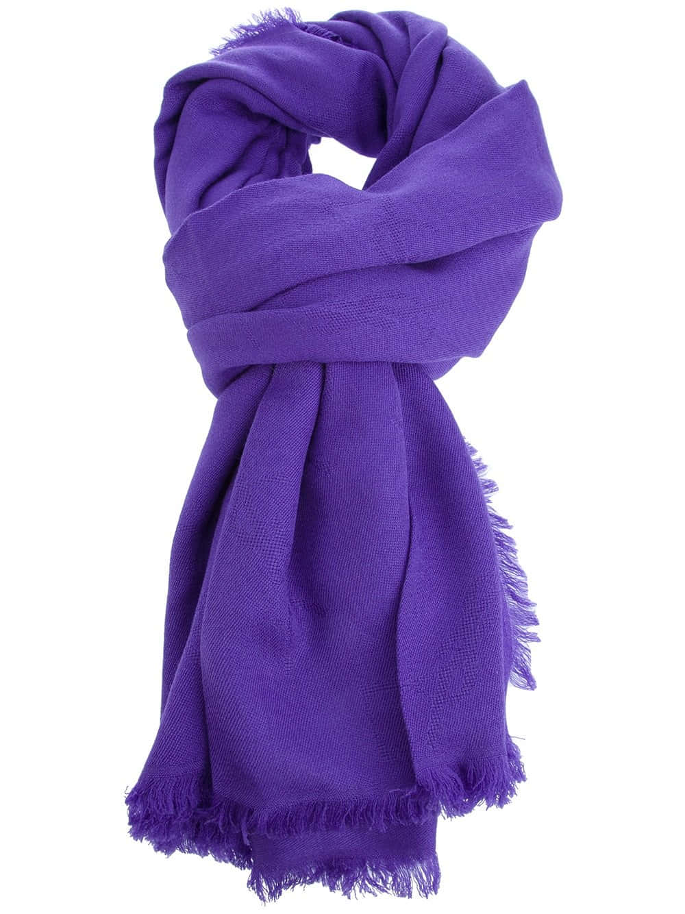 Purple Scarf 桌布 壁紙 — 一條質感豐富的紫色針織圍巾，邊緣磨損，以柔軟的褶皺垂掛在純白色背景上。
