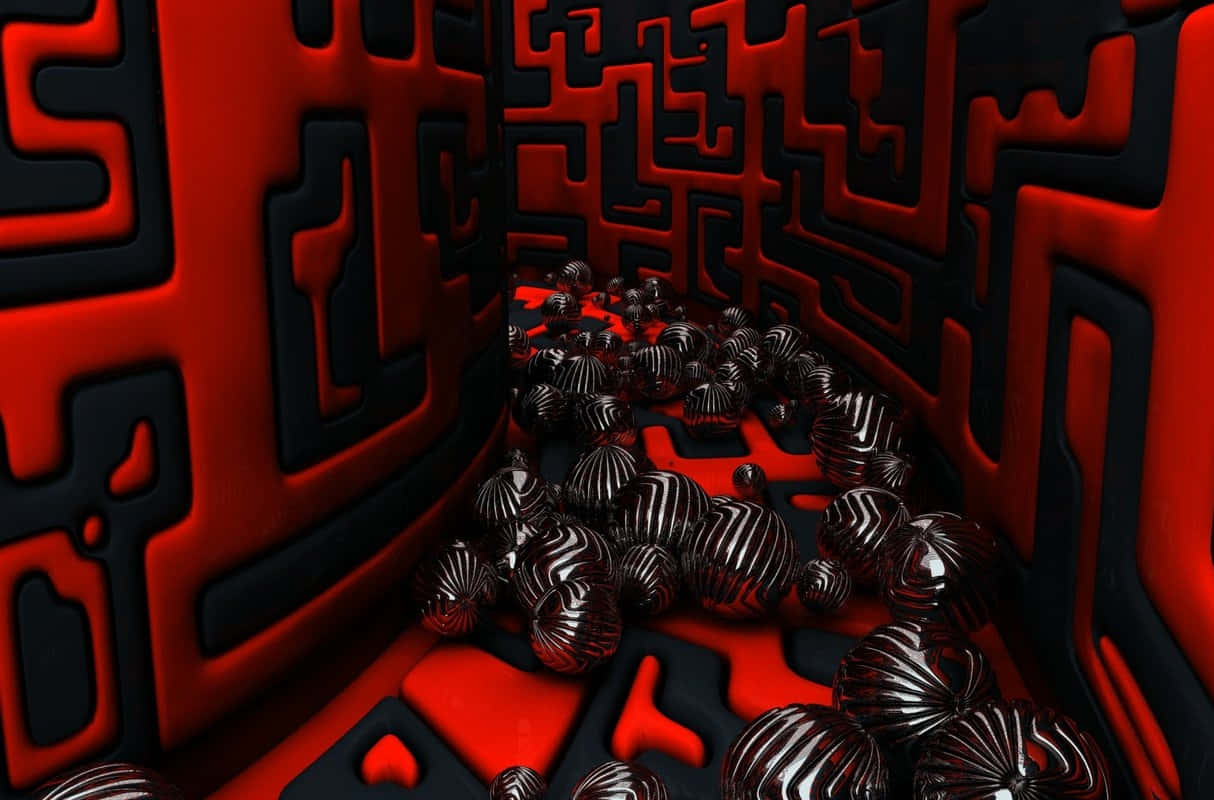 黑色 桌布 壁紙 — 一條超現實的3D渲染走廊，帶有發光的紅色牆壁和黑色迷宮圖案，充滿反射條紋球體。