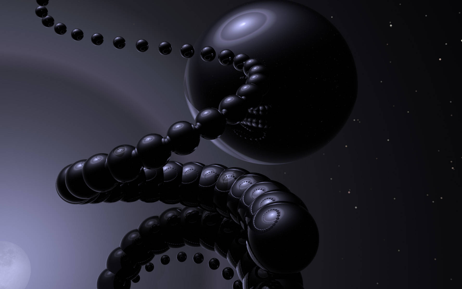 黑色抽象動畫 桌布 壁紙 — 一條超現實的3D渲染黑色珠鏈在星光宇宙背景下形成一個骷髏形象，伴隨著發光的月亮。