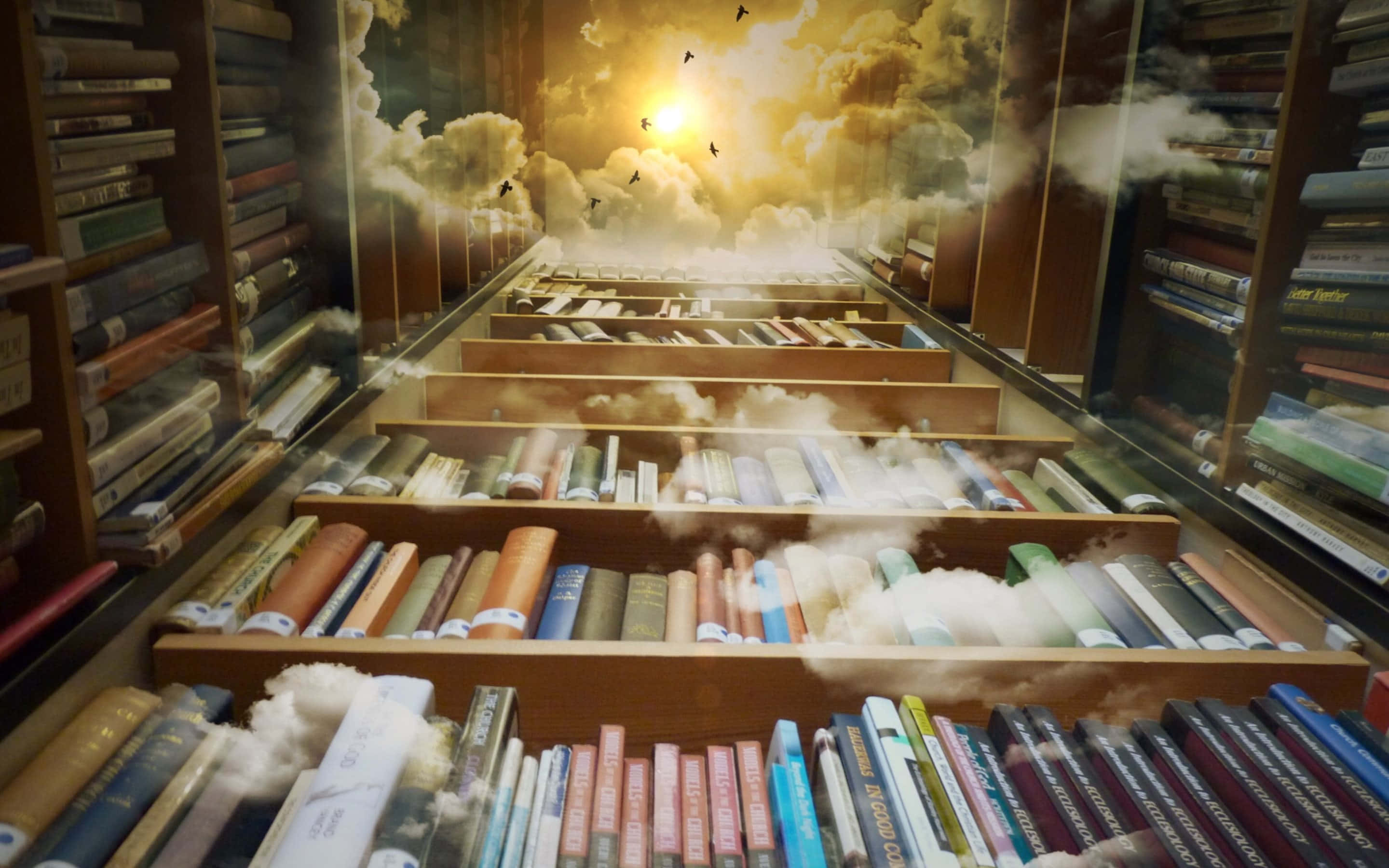 魔法動圖 桌布 壁紙 — 一條超現實的圖書館走廊變成一條樓梯，穿過雲層向上延伸，朝向一個發光的太陽，鳥兒在頭頂飛翔。