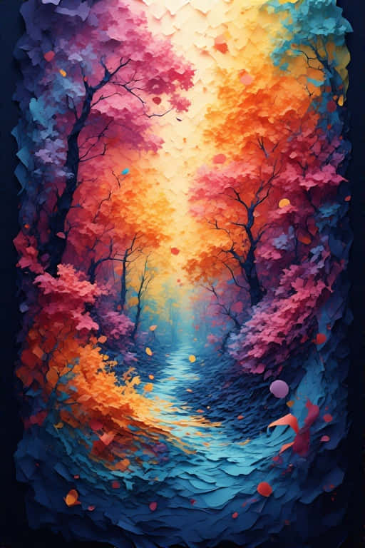 Vibrant Abstract Paper Cutouts 8K 壁紙 — 一條超現實的森林小徑，散發著火熱的橙色和冷藍色調，樹葉以夢幻般的剪紙風格旋轉。