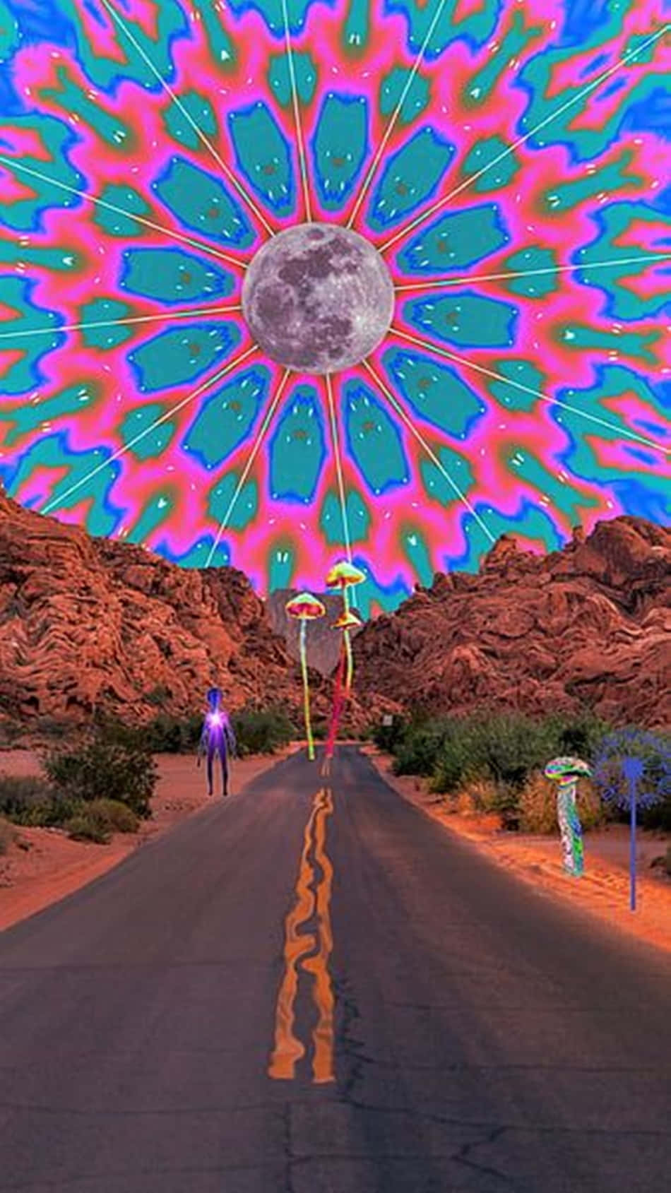 Dope Trippy 桌布 壁紙 — 一條超現實的沙漠道路通向在迷幻曼陀羅天空下發光的月亮，周圍有霓虹蘑菇。