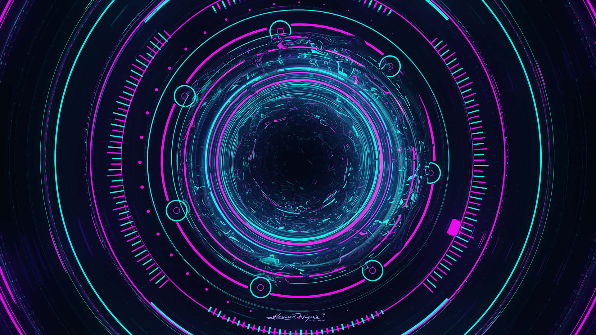 Circle 桌布 壁紙 — 一條迷人的數位隧道，帶有發光的青色和洋紅色霓虹環，逐漸消失在黑暗虛空中。