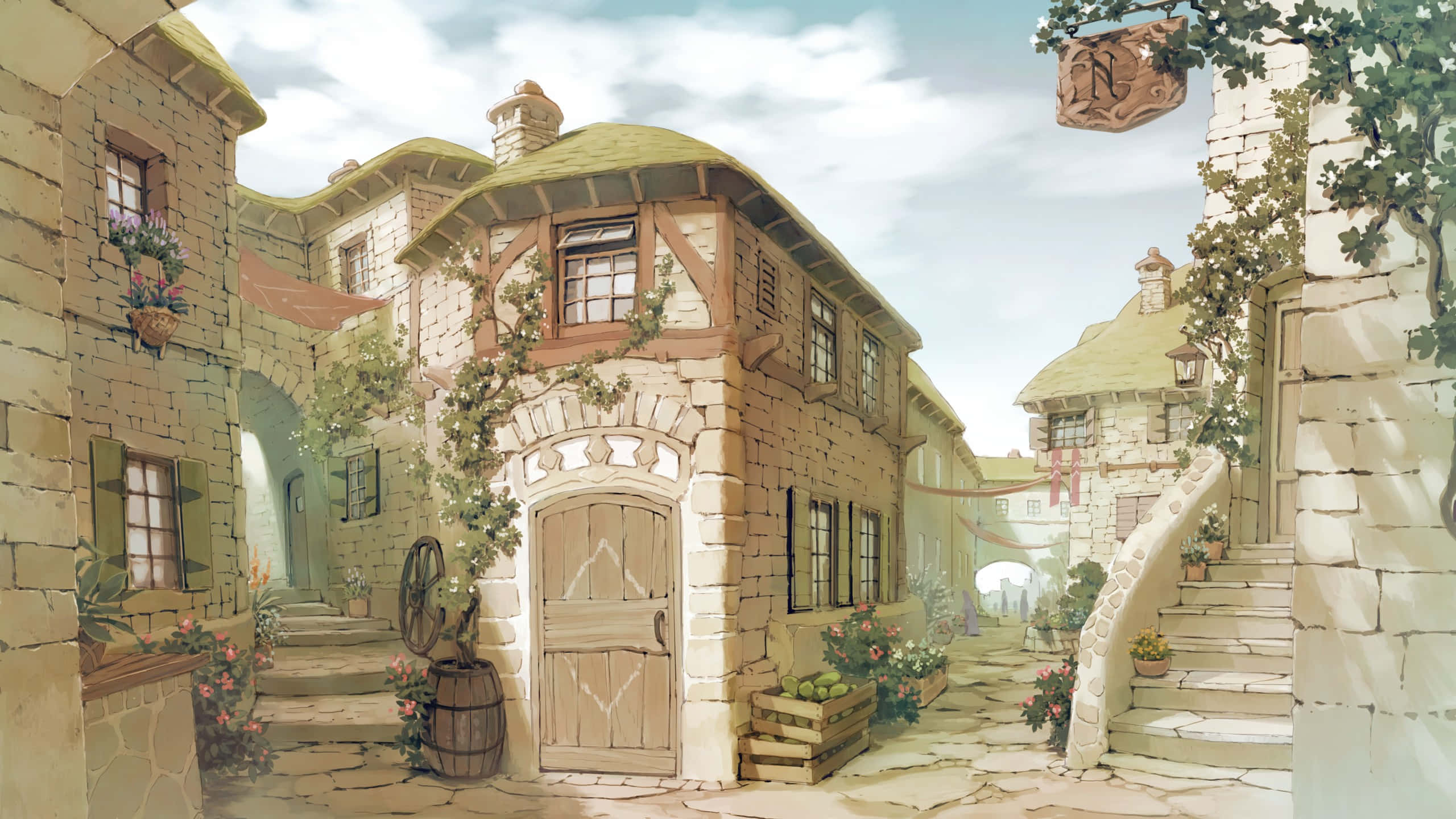 Cozy 桌布 壁紙 — 一條迷人的石頭村莊街道，兩旁是爬滿常春藤的建築、花箱和木門，上方是柔和的藍天。