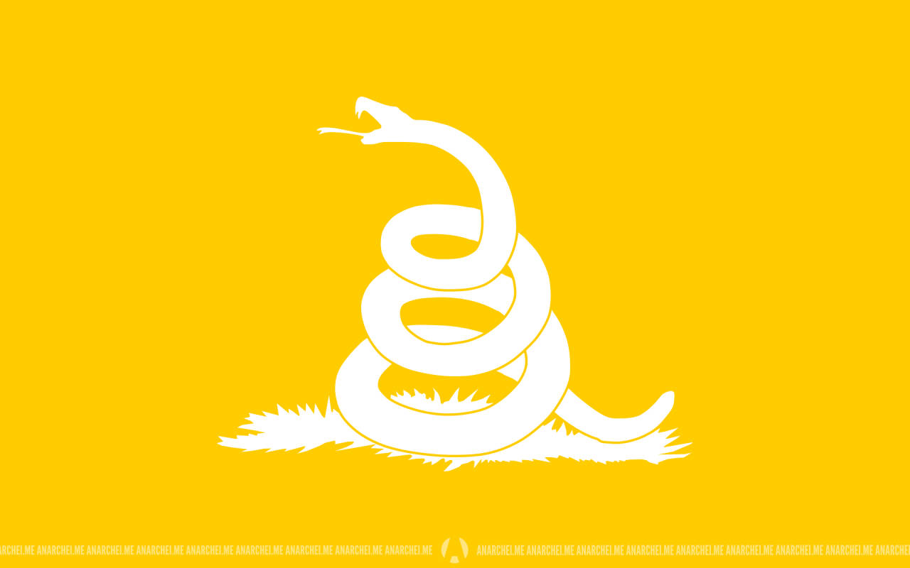 Gadsden Flag 桌布 壁紙 — 一條醒目的白色盤蛇，頭部抬起，背景為純金色黃色。