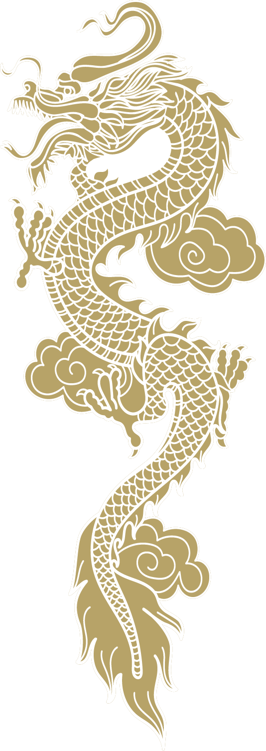 中國龍 桌布 壁紙 — 一條金色中國龍，鱗片精細，鬃毛飄逸，在簡潔背景上優雅地盤繞於風格化的雲朵之間。