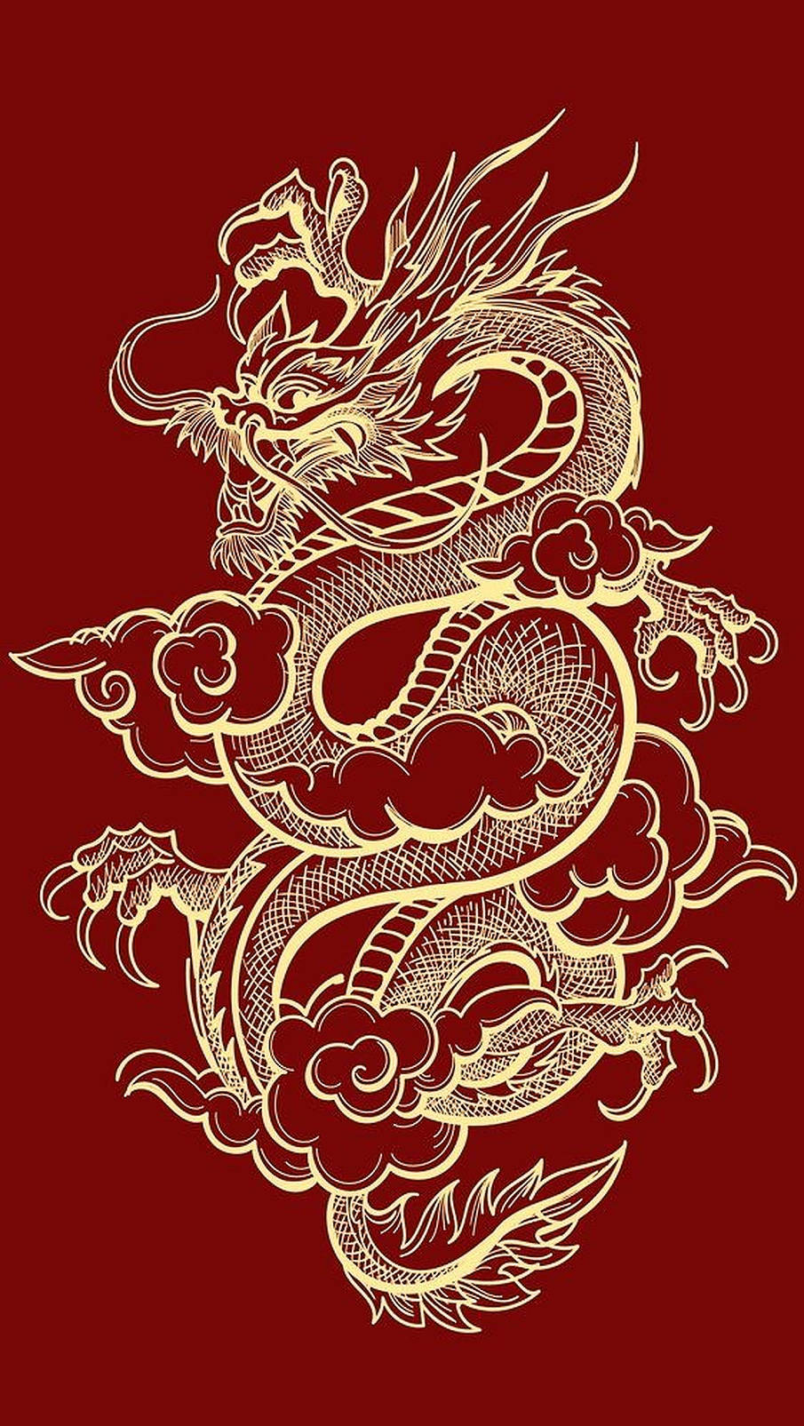 Japanese Dragon Tattoo 桌布 壁紙 — 一條金色中國龍在深紅色背景上盤繞於風格化的雲朵之間，以精細線條藝術呈現。