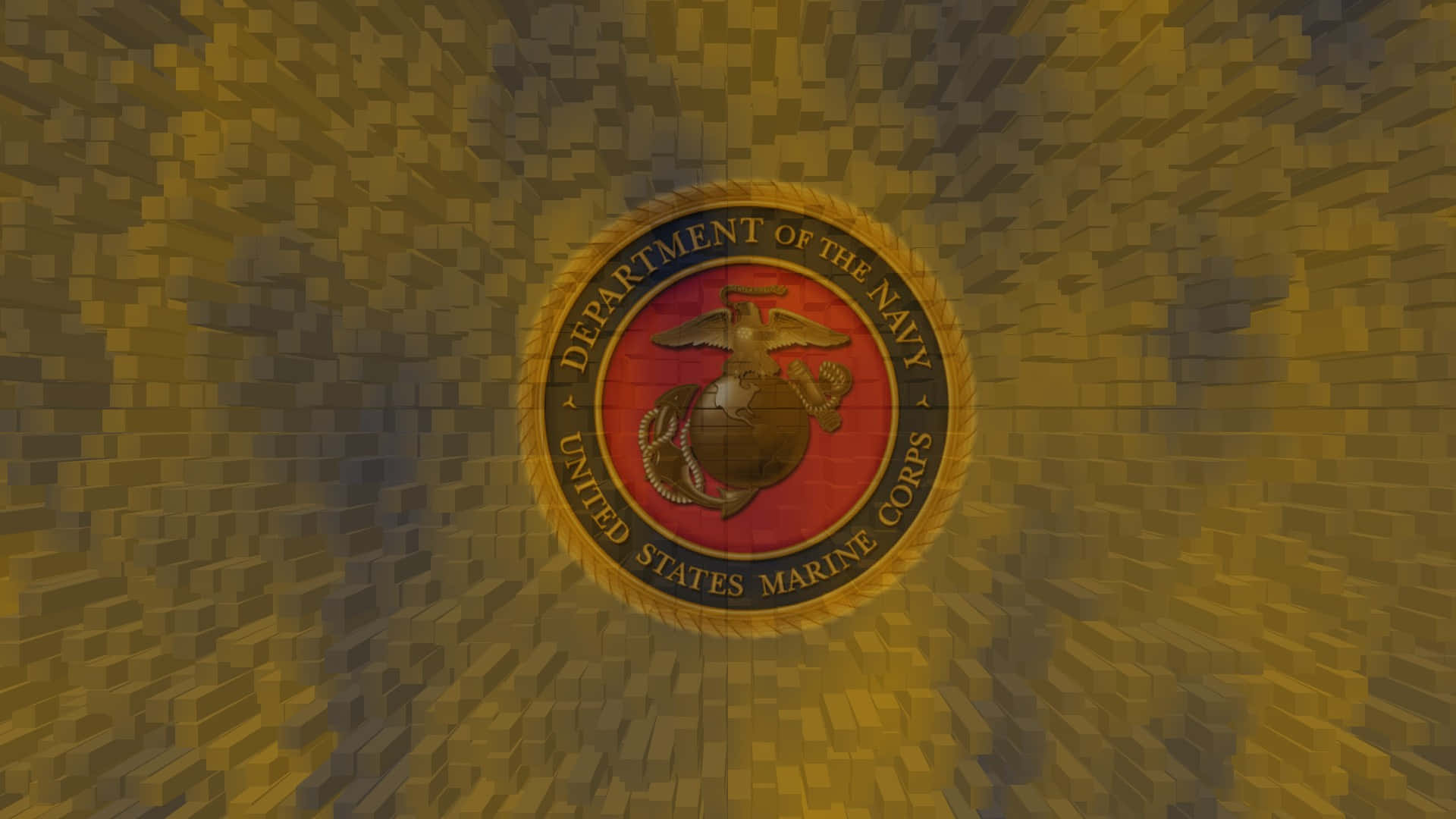 Usmc 桌布 壁紙 — 一條金色像素化隧道通向在紋理黃色背景上發光的美國海軍陸戰隊徽章。