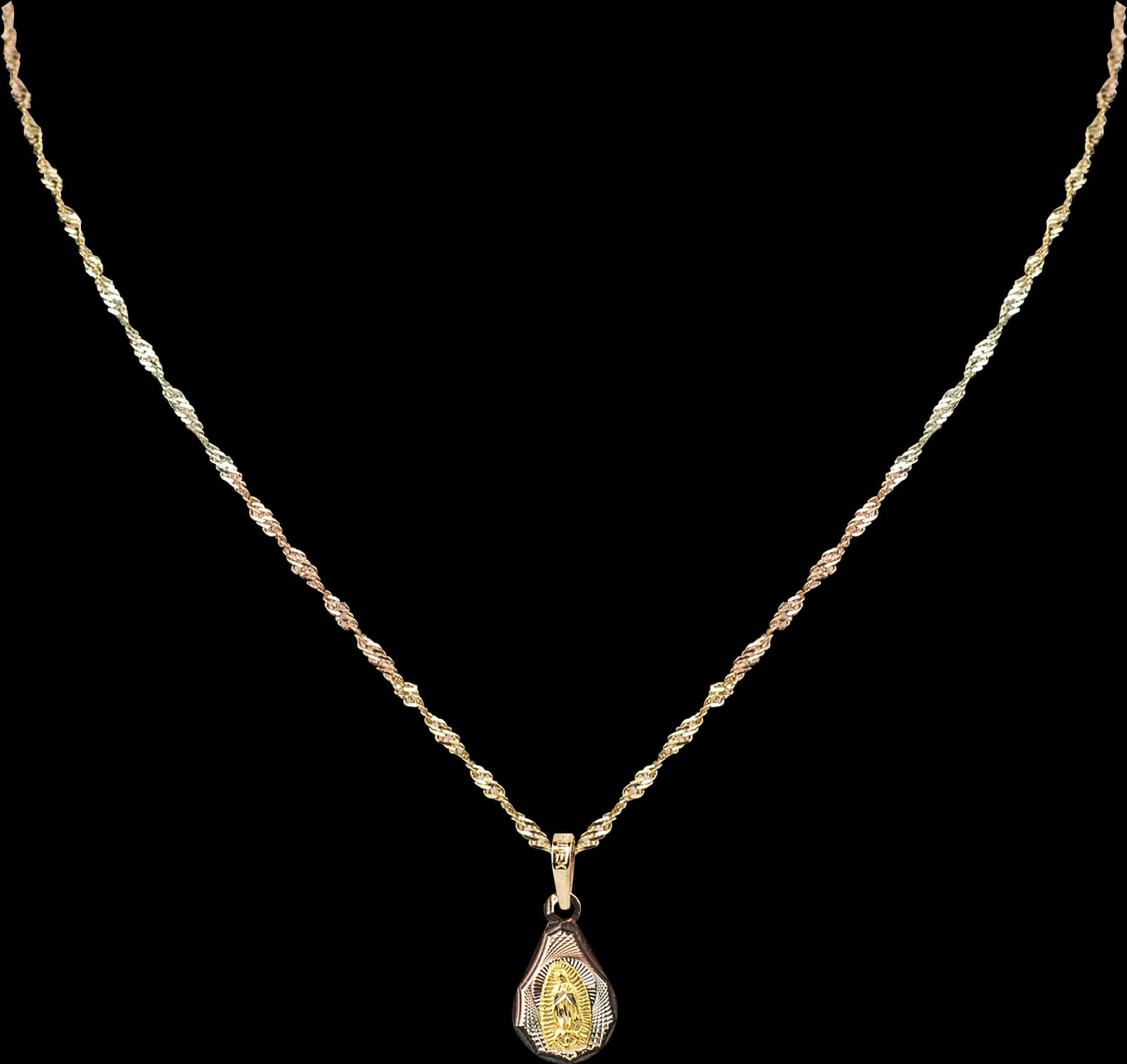 Necklace 桌布 壁紙 — 一條金色扭紋鏈項鍊，帶有淚滴形吊墜，上面有宗教人物圖案，背景為黑色。