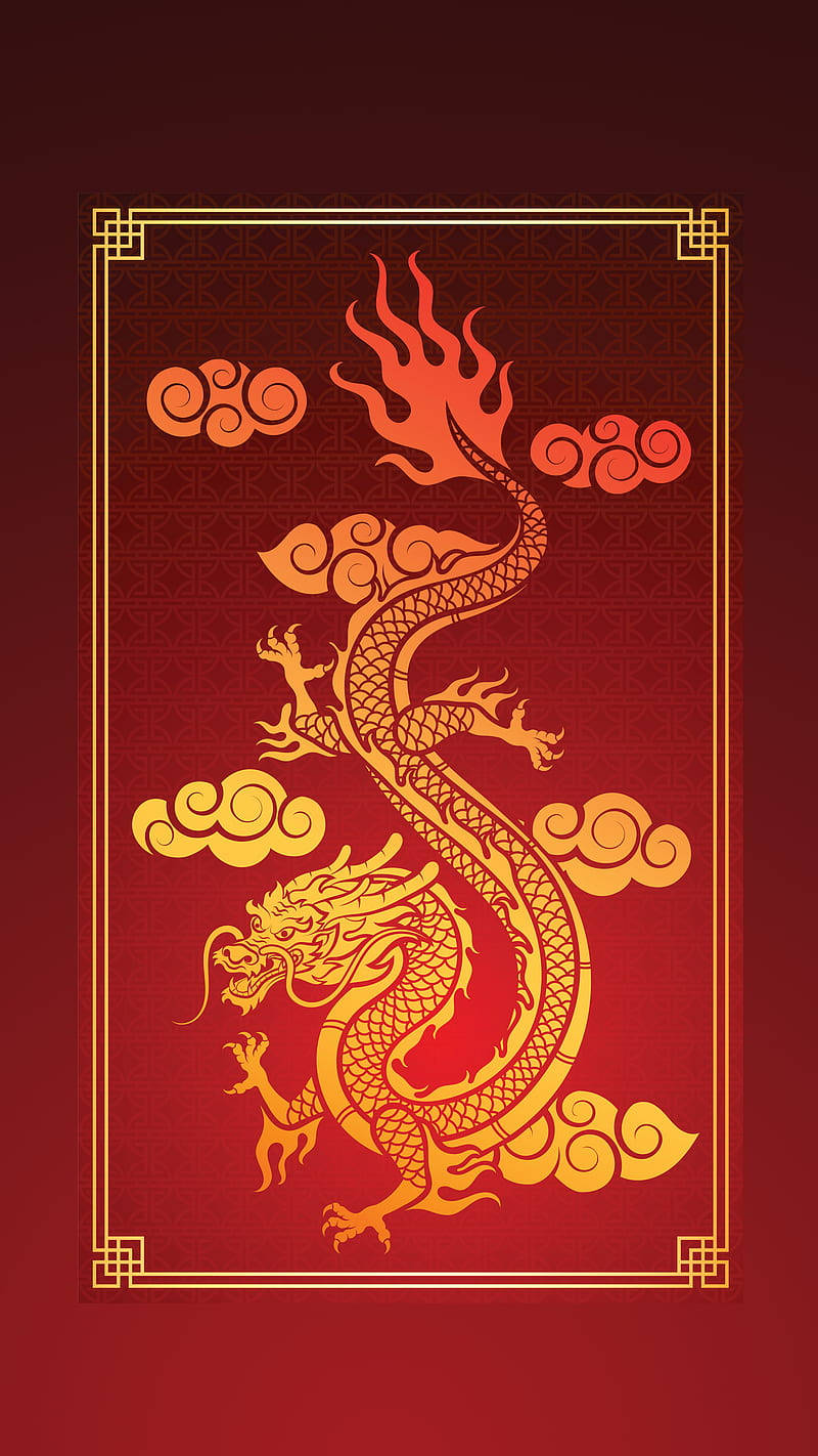 金龍 桌布 壁紙 — 一條金色的中國龍在深紅色背景上動態盤繞，周圍環繞著華麗邊框和旋轉的雲彩。