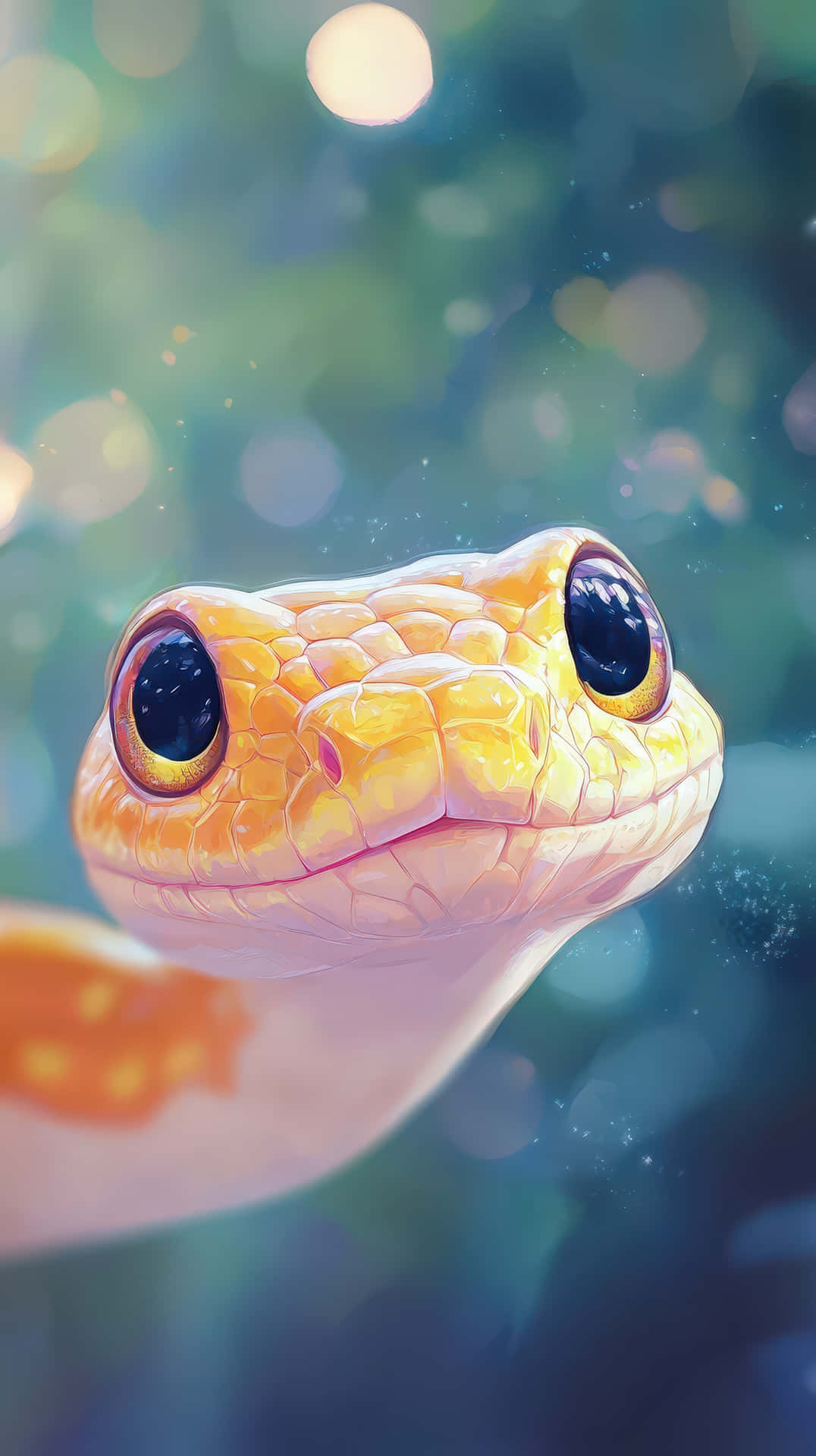 Adorable Cartoon Snake Peeking Out with Expressive Eyes in a Whimsical Digital Illustration 壁紙 — 一條金色蛇的特寫，有大而深色的眼睛，在綠色和藍色燈光的柔和散景背景下向上凝視。