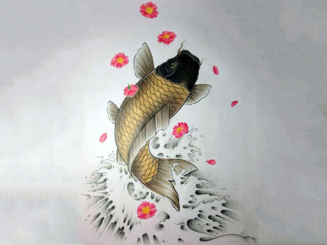 Koi Fish 桌布 壁紙 — 一條金色錦鯉在淺灰色背景上，穿過飛濺的水花躍起，周圍漂浮著粉紅色的花朵。