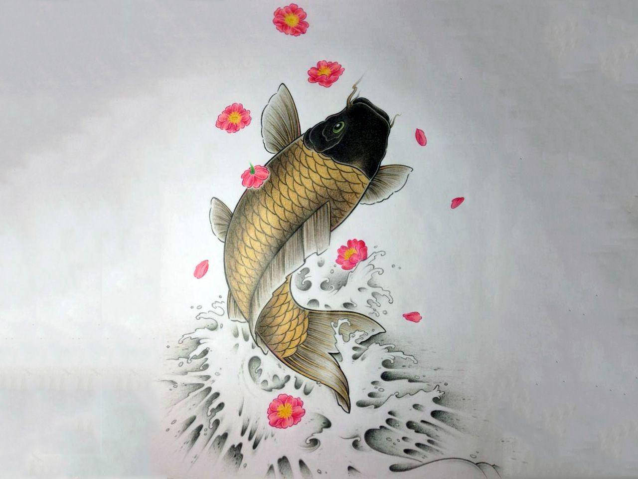 Painting 桌布 壁紙 — 一條金色錦鯉跳過濺起的水花，周圍漂浮著粉紅色的櫻花。