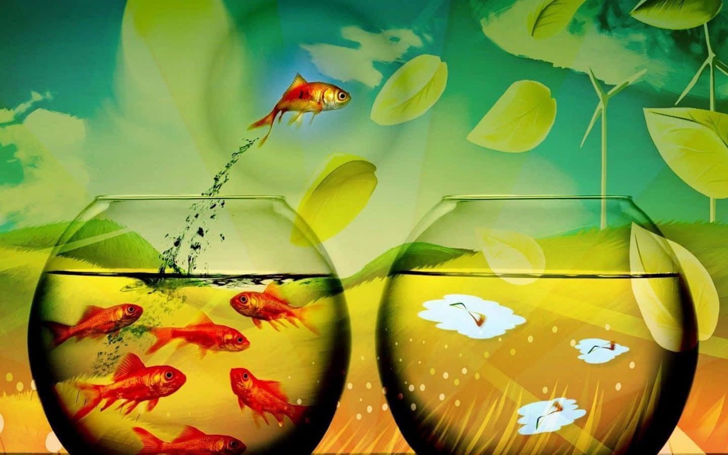 biology 桌布 壁紙 — 一條金色魚從擁擠的碗中跳入一個有浮雲和葉子的寧靜碗中。