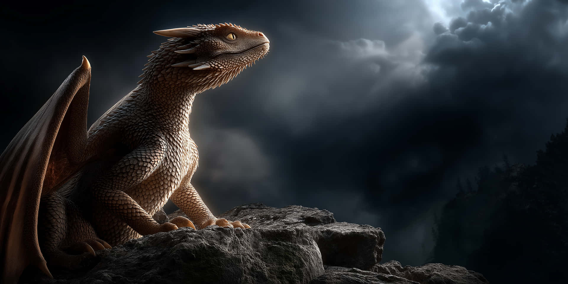 Majestic Dragon Perched Beneath a Dramatic Sky 壁紙 — 一條金色鱗片的巨龍棲息在鋸齒狀的岩石上，背景是暴風雨的天空，帶有戲劇性的背光。