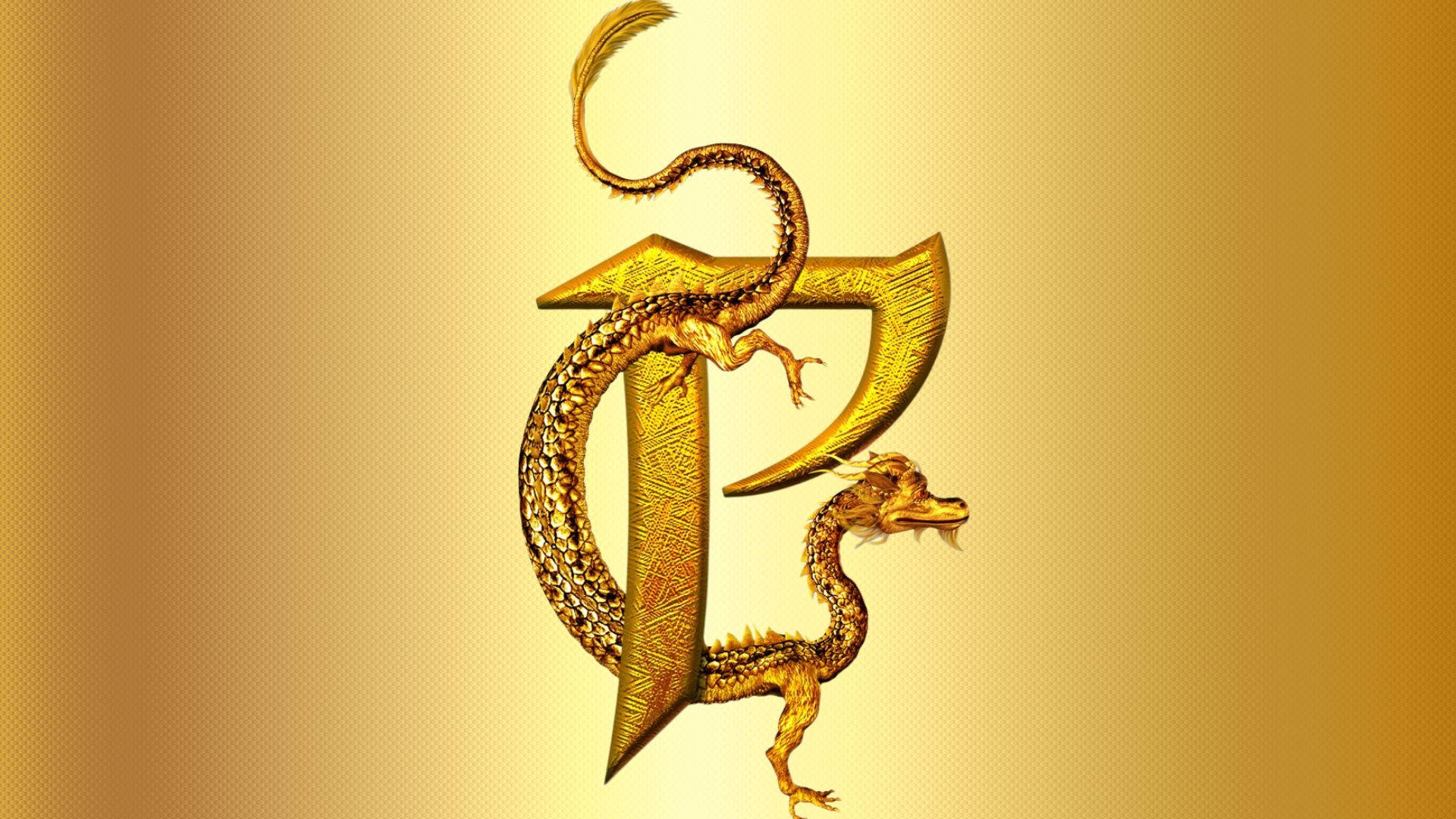字母P 桌布 壁紙 — 一條金色龍 intricately 編織在一個風格化的字母D周圍，背景是閃耀的金色漸變。