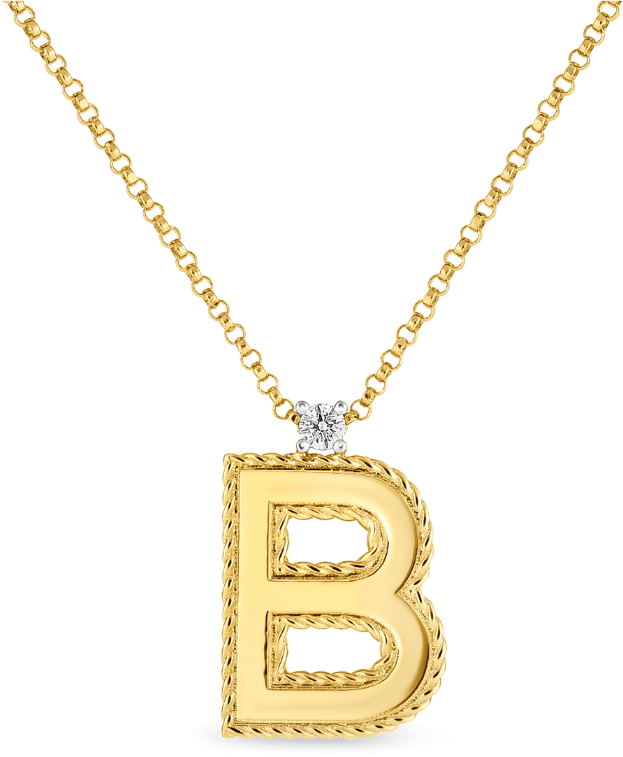 字母B 桌布 壁紙 — 一條金項鍊，帶有繩邊字母B吊墜和鑽石點綴，背景為黑色。