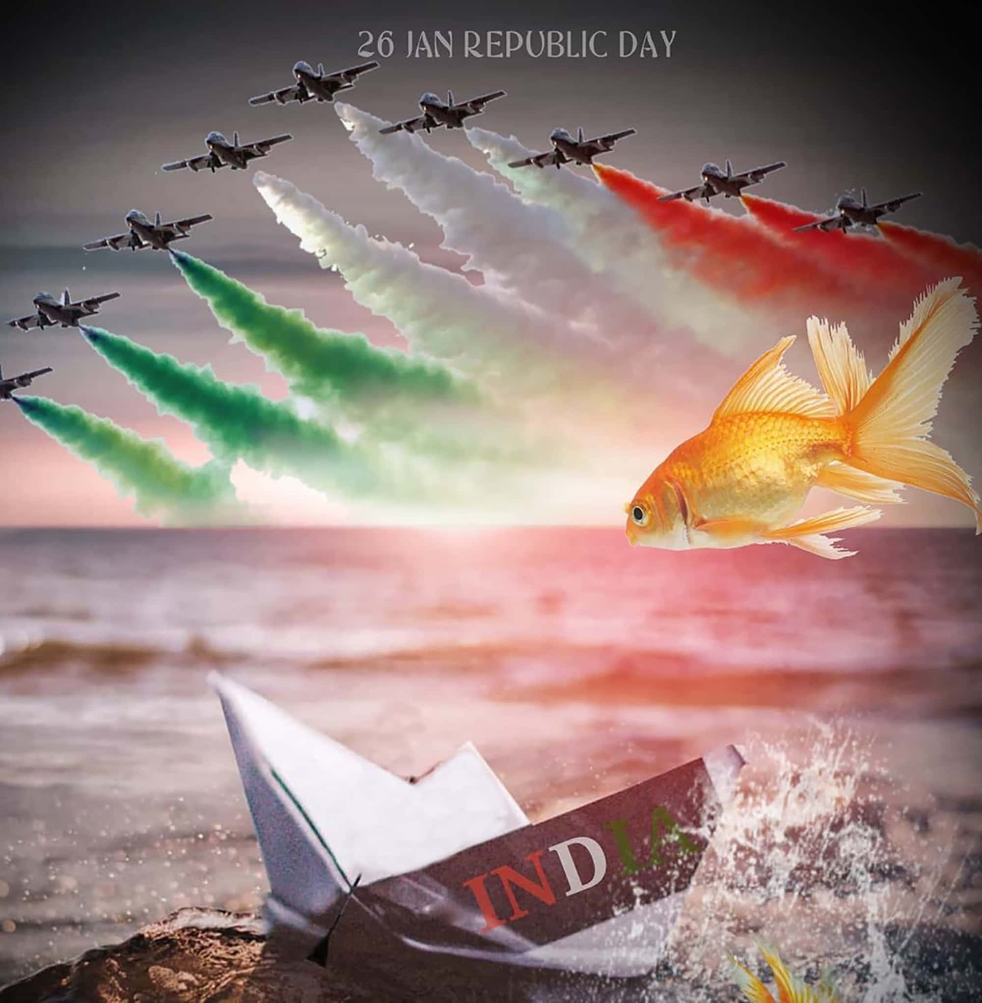 Republic Day 桌布 壁紙 — 一條金魚飛過海浪，噴射機拖著三色煙霧，在紙船上慶祝印度共和國日。