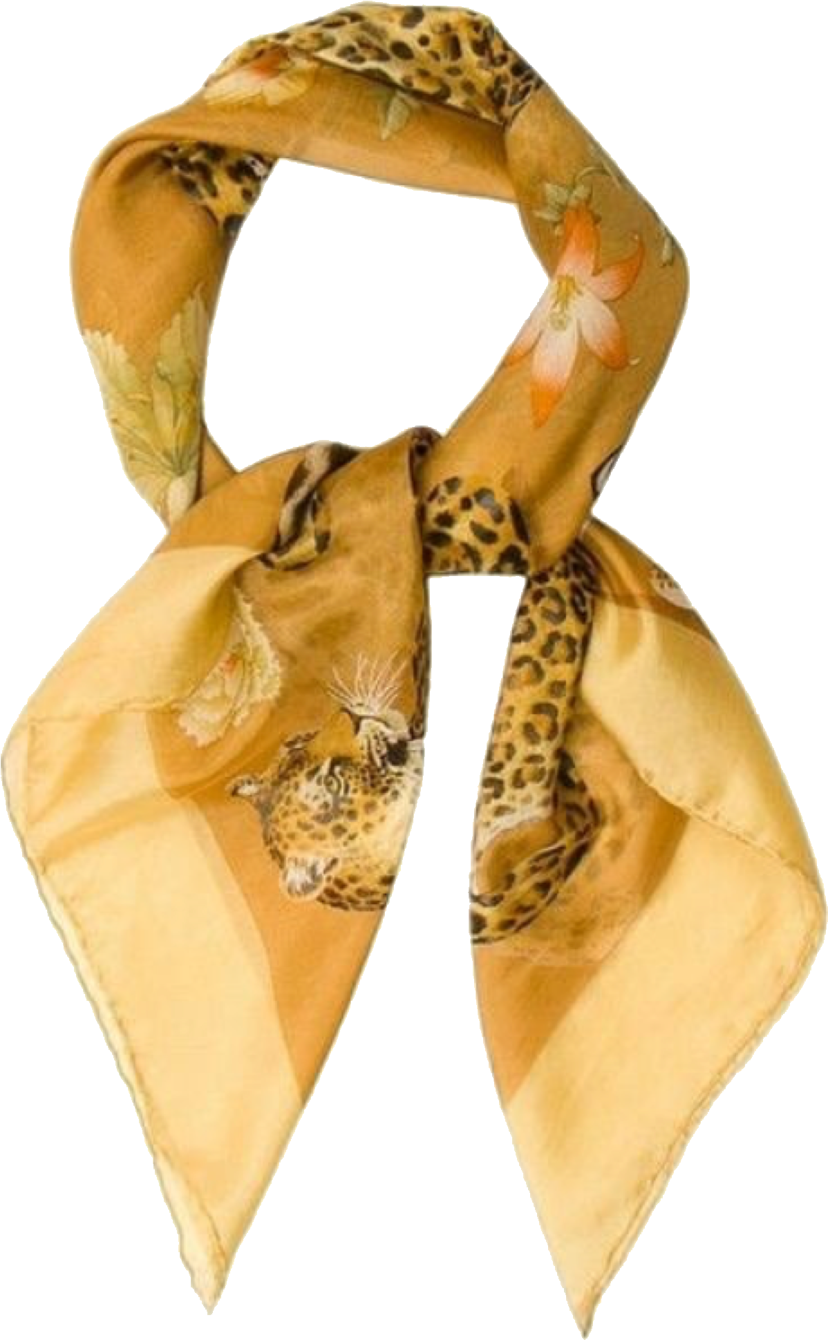 Head Bandana 桌布 壁紙 — 一條金黃色絲巾優雅地垂墜，帶有精細的豹紋和花卉圖案，襯托在純黑背景上。
