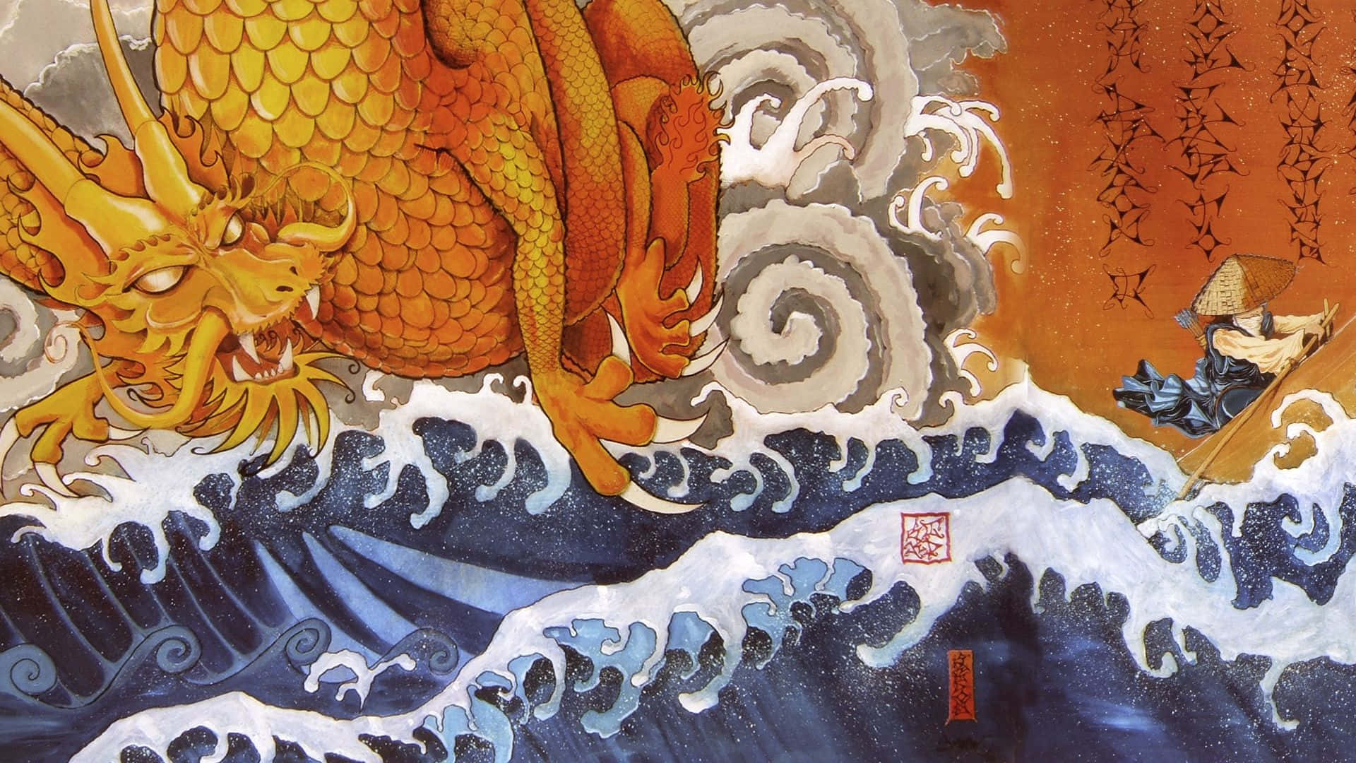 桌布 壁紙 — 一條金龍從洶湧的藍色海浪中出現，一名武士在船上與波濤洶湧的大海搏鬥。