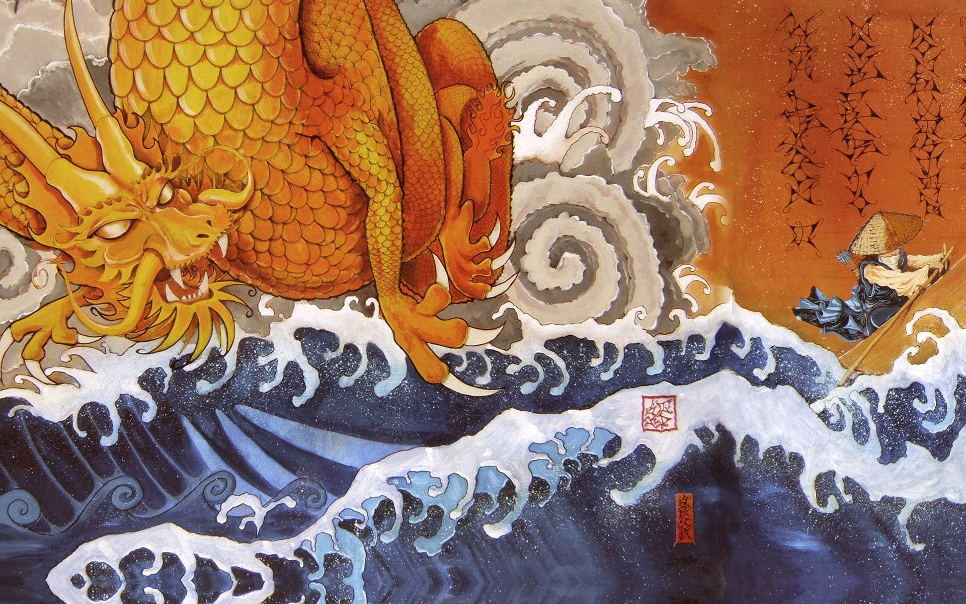 Mythical 桌布 壁紙 — 一條金龍從翻騰的海浪中出現，一名武士在船上與暴風雨的海浪搏鬥。