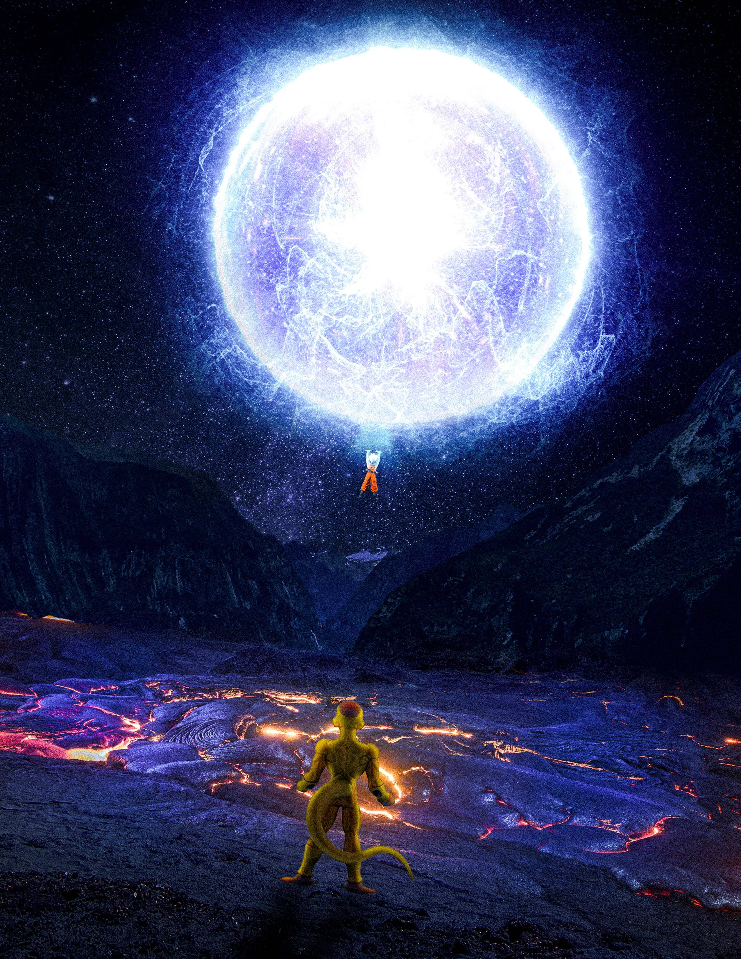 spirit 桌布 壁紙 — 一條金龍站在火山谷中，仰望星空夜空中一個巨大的藍色發光天體。