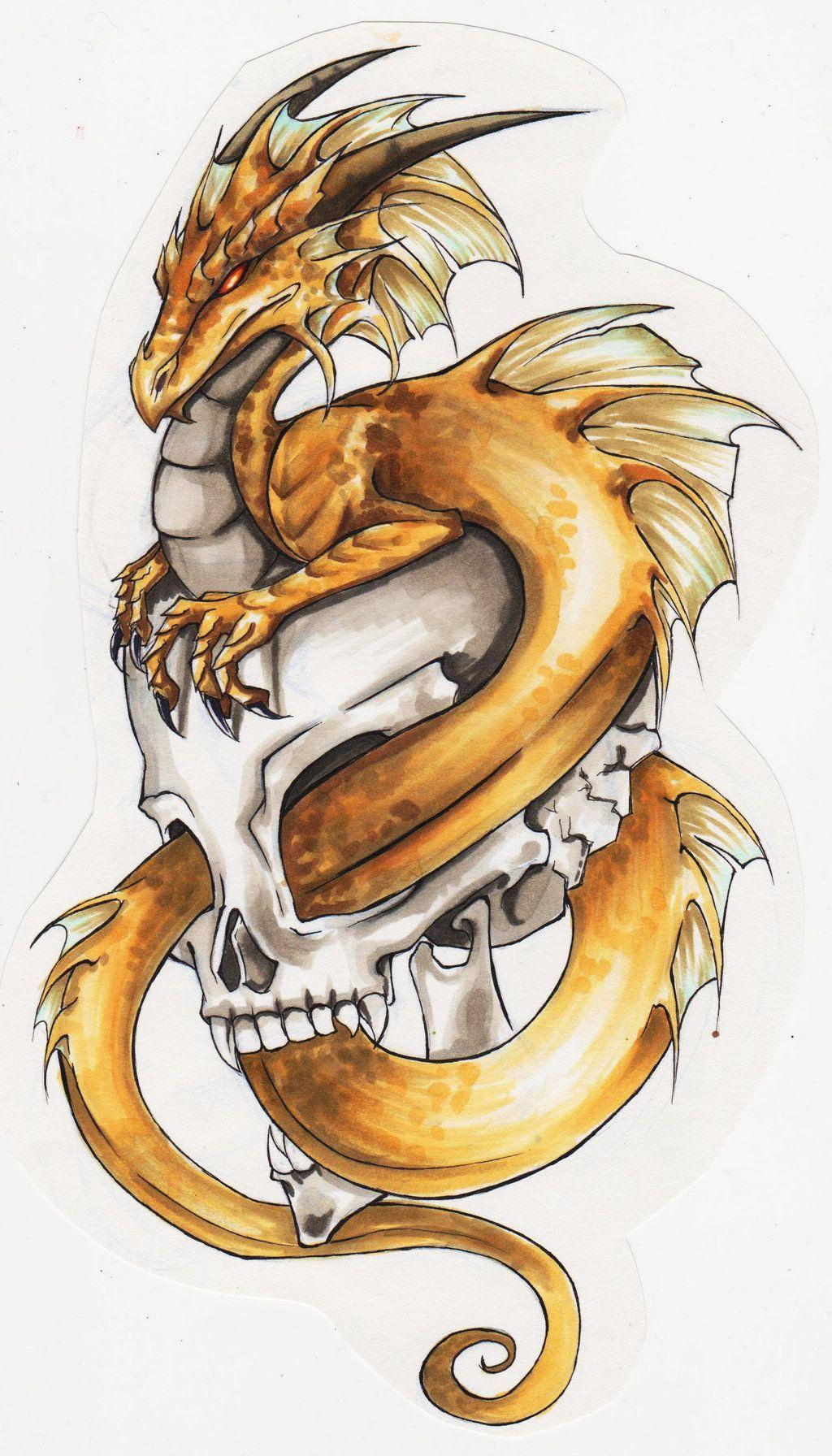 Japanese Dragon Tattoo 桌布 壁紙 — 一條金龍纏繞著一個人類頭骨，帶有鋒利的爪子和流動的鱗片，以風格化的插圖呈現。