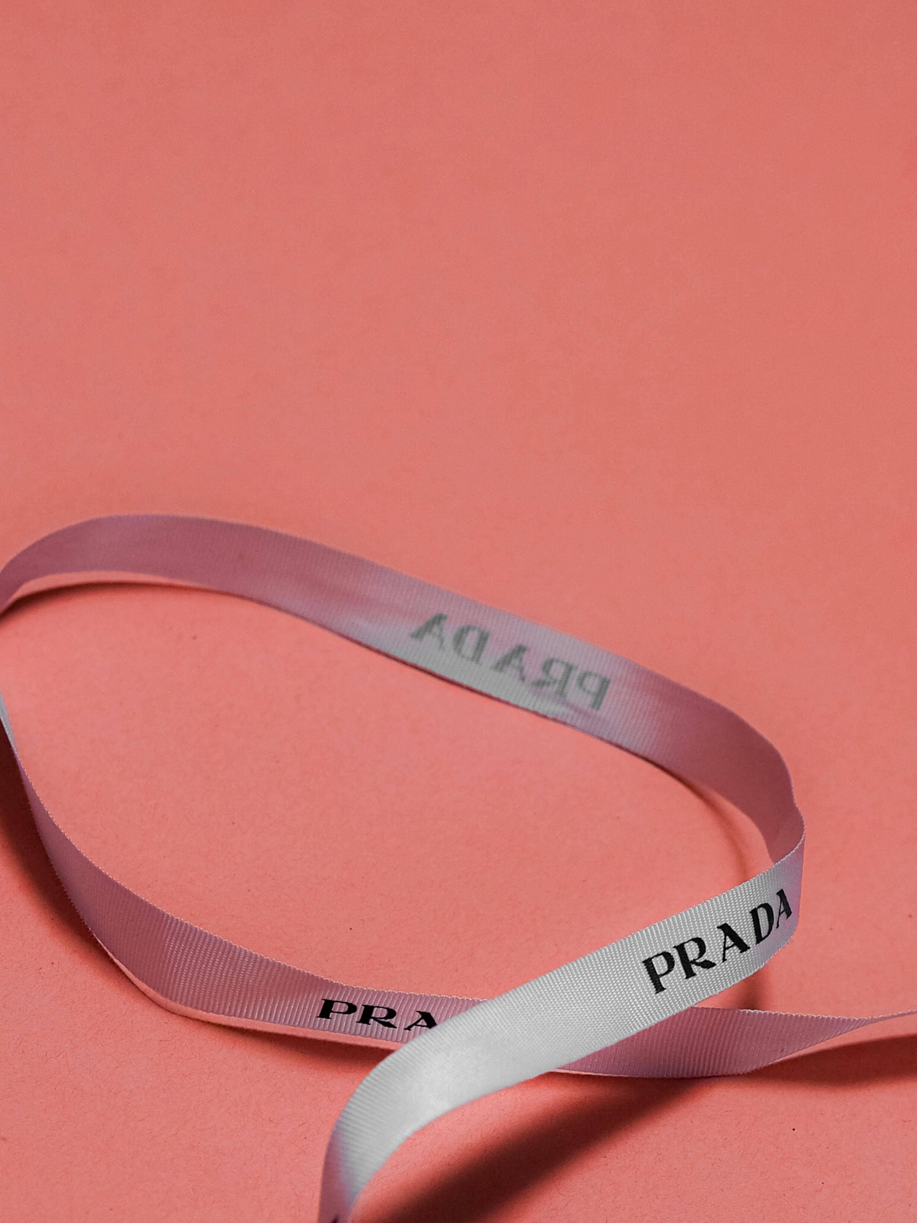 Prada 桌布 壁紙 — 一條銀色Prada絲帶在純珊瑚色背景上優雅地繞圈，帶有柔和陰影。
