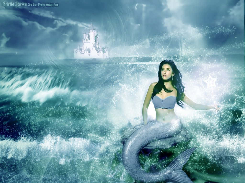 Real Mermaid 桌布 壁紙 — 一條銀色尾巴的美人魚坐在翻滾的海浪上，手持星星魔杖，在黑暗的天空下，一座發光的城堡從波濤洶湧的大海中升起。