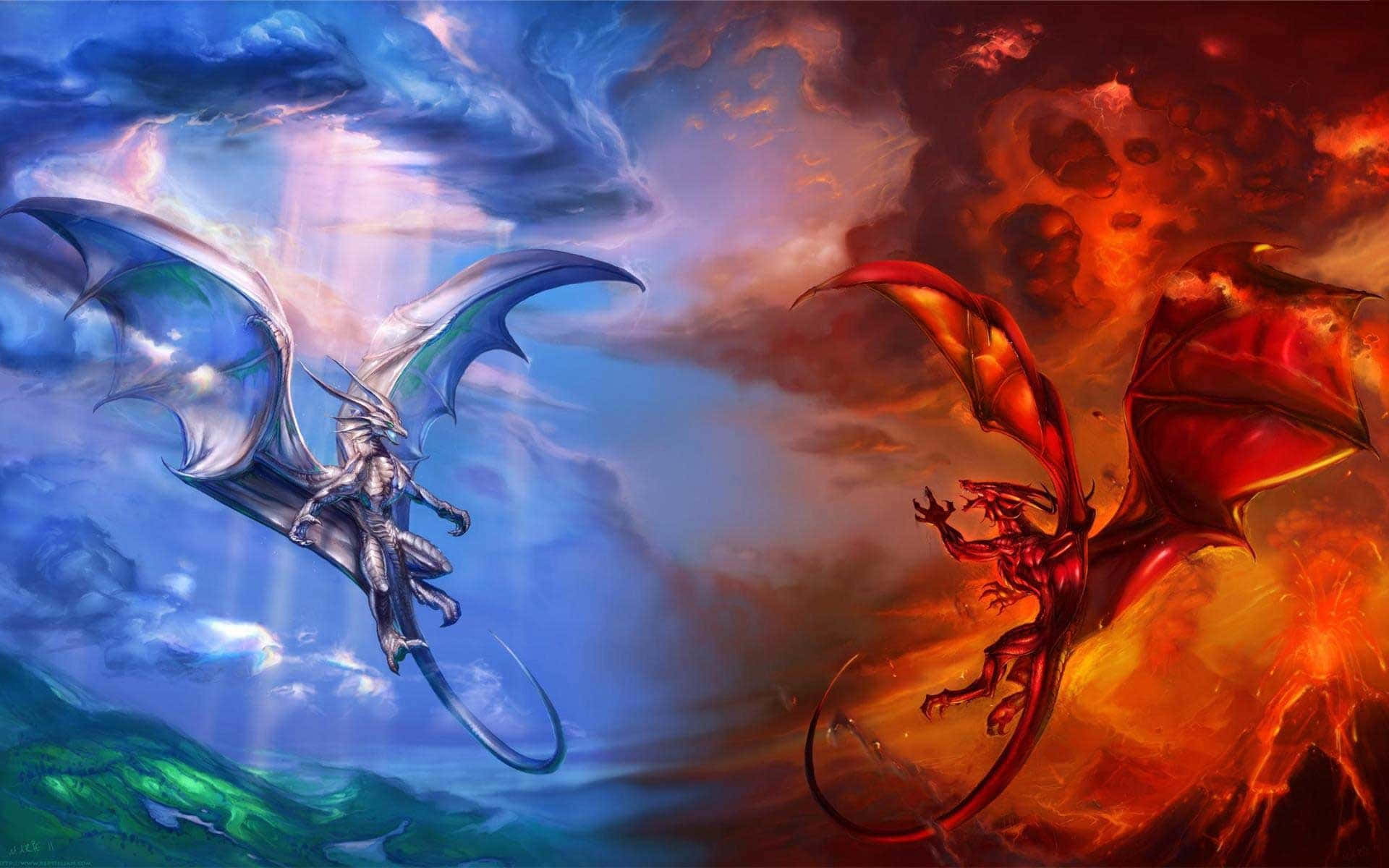 龍 桌布 壁紙 — 一條銀龍在藍天翱翔，而一條紅龍從火雲中噴發，上演一場戲劇性的奇幻戰鬥。