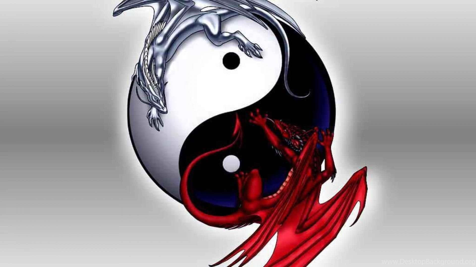 yin yang 桌布 壁紙 — 一條銀龍盤旋在太極白色的一半內，而一條紅龍纏繞著黑色的一半，背景為漸變灰色。