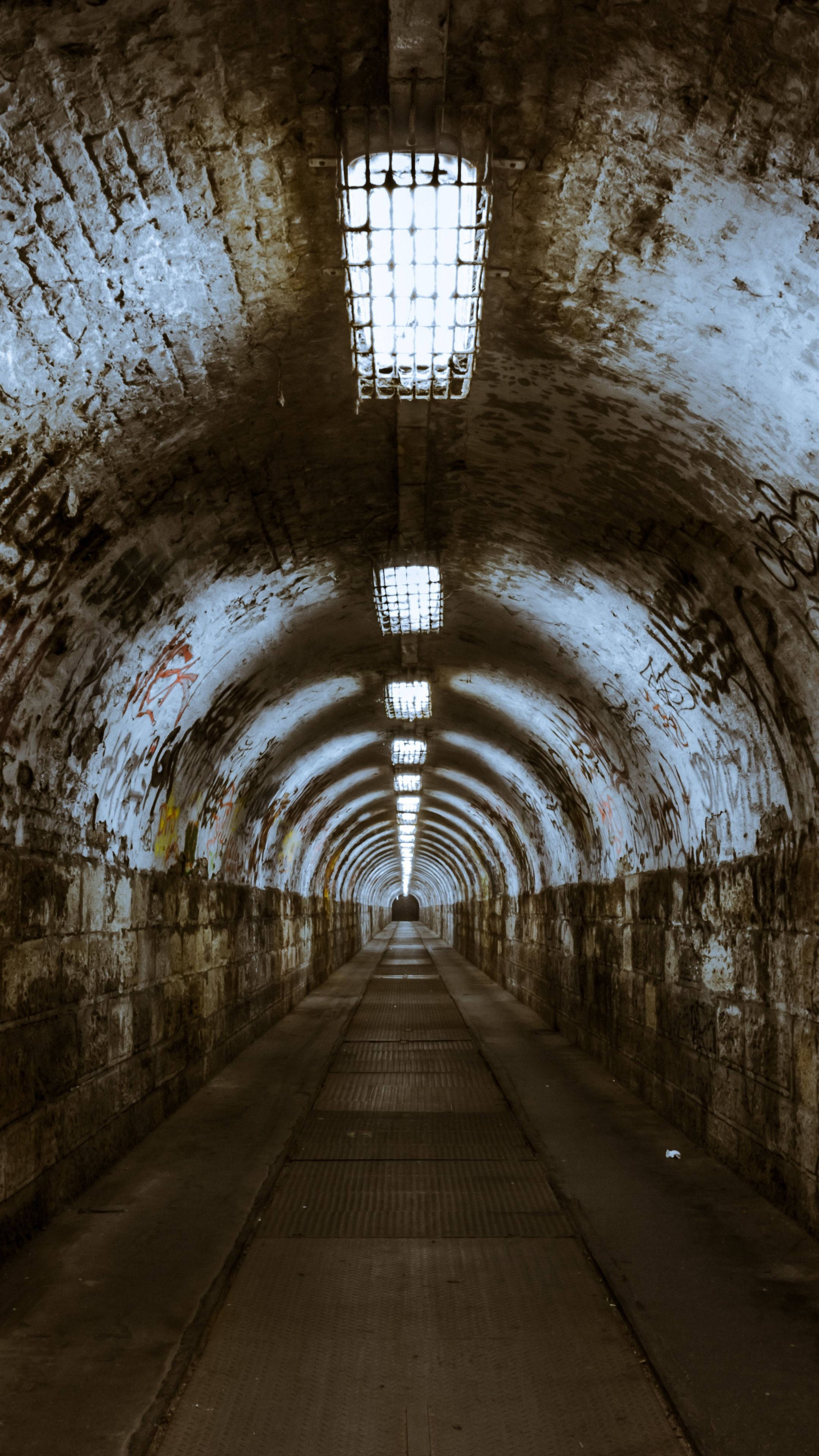 budapest 桌布 壁紙 — 一條長拱形隧道，牆壁佈滿塗鴉，帶有鐵欄杆的天窗將光線投射到混凝土路面上。