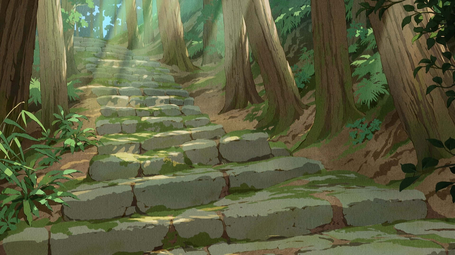 可愛動漫 桌布 壁紙 — 一條長滿苔蘚的石階蜿蜒而上，穿過陽光明媚的森林，樹木高聳，光線斑駁。