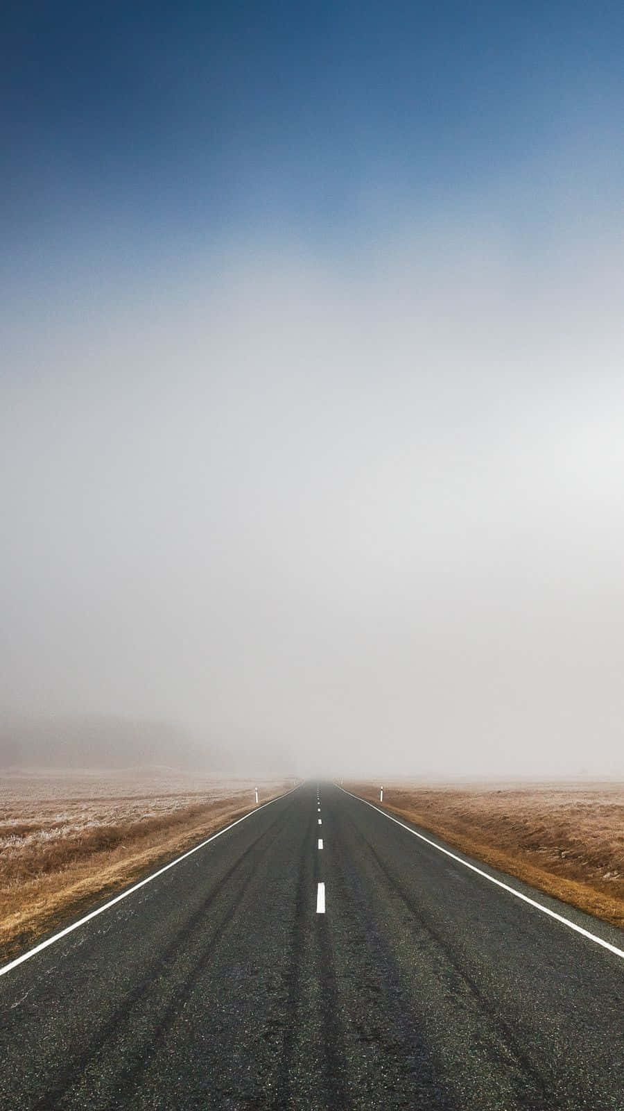 Road 桌布 壁紙 — 一條長直路在晴朗藍天下消失於濃霧中，兩旁是乾草。