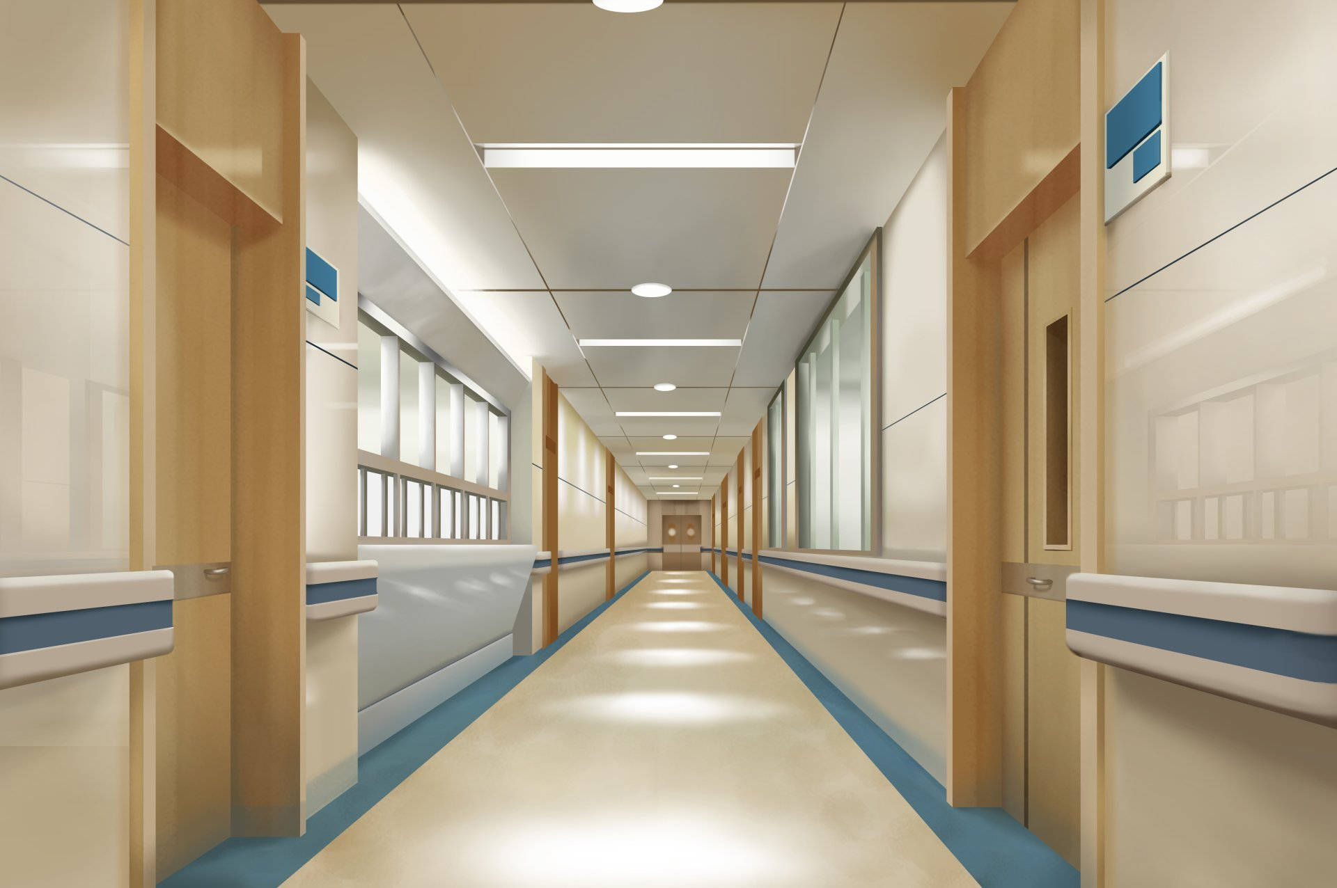 hallway 桌布 壁紙 — 一條長而明亮的醫院走廊，有木門、藍色飾邊和窗戶排列在牆壁上，在螢光燈下。