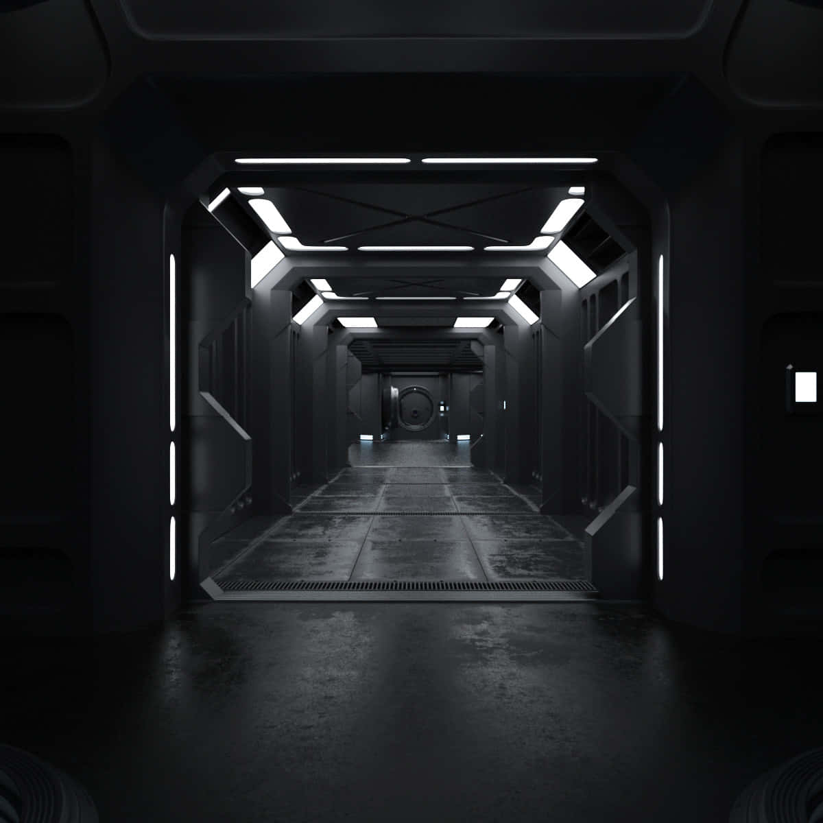 Kamino 桌布 壁紙 — 一條長而黑暗的未來風格走廊，天花板和牆壁上閃爍著白色燈光，盡頭是一扇圓形門。