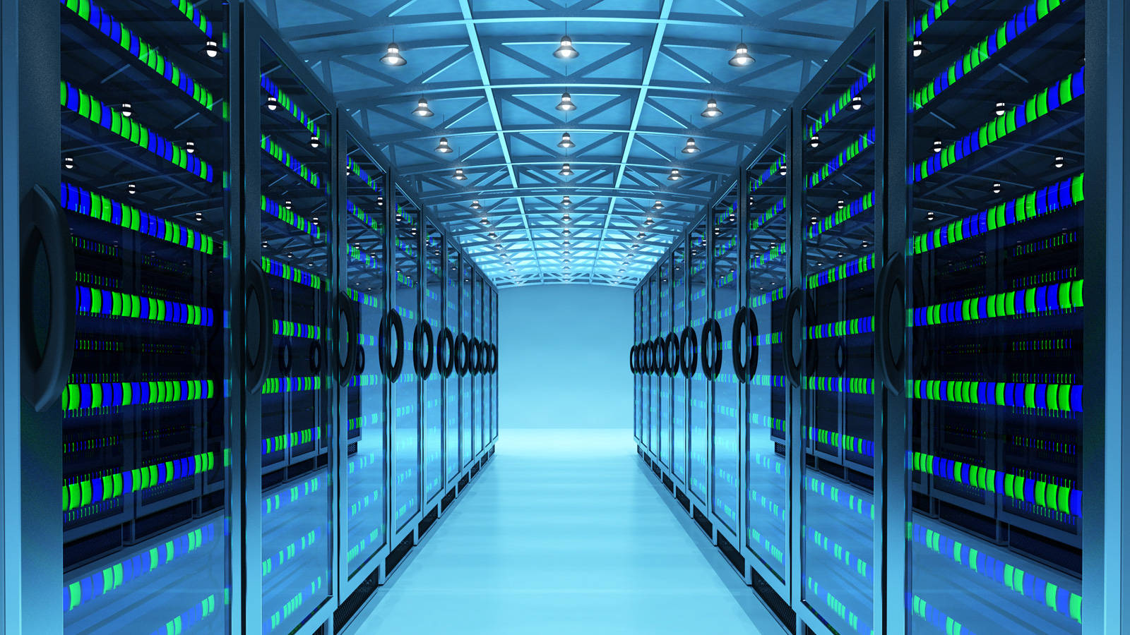 data 桌布 壁紙 — 一條長長的伺服器機架走廊，在幾何形天花板下閃爍著藍色和綠色的光芒，一直延伸到遠方。