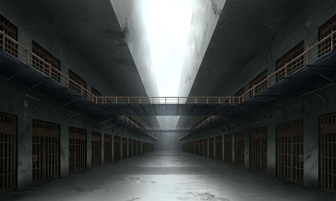 Prison Cell 桌布 壁紙 — 一條長長的廢棄監獄走廊，兩旁有鐵欄牢房，天花板上射下一束明亮的光線。