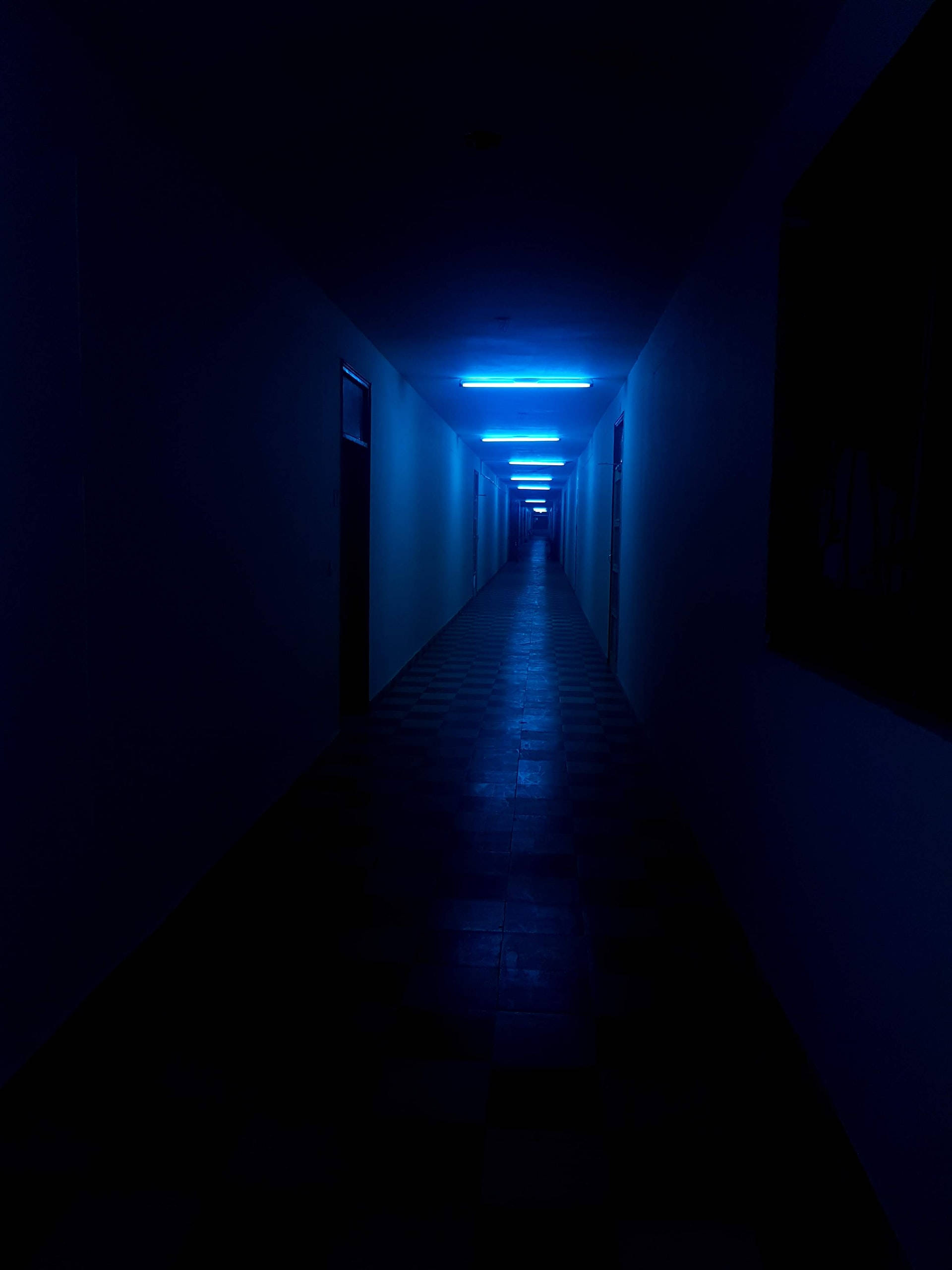 hallway 桌布 壁紙 — 一條長長的昏暗走廊，被清涼的藍色螢光燈照亮，在棋盤格地板瓷磚上投下陰影。