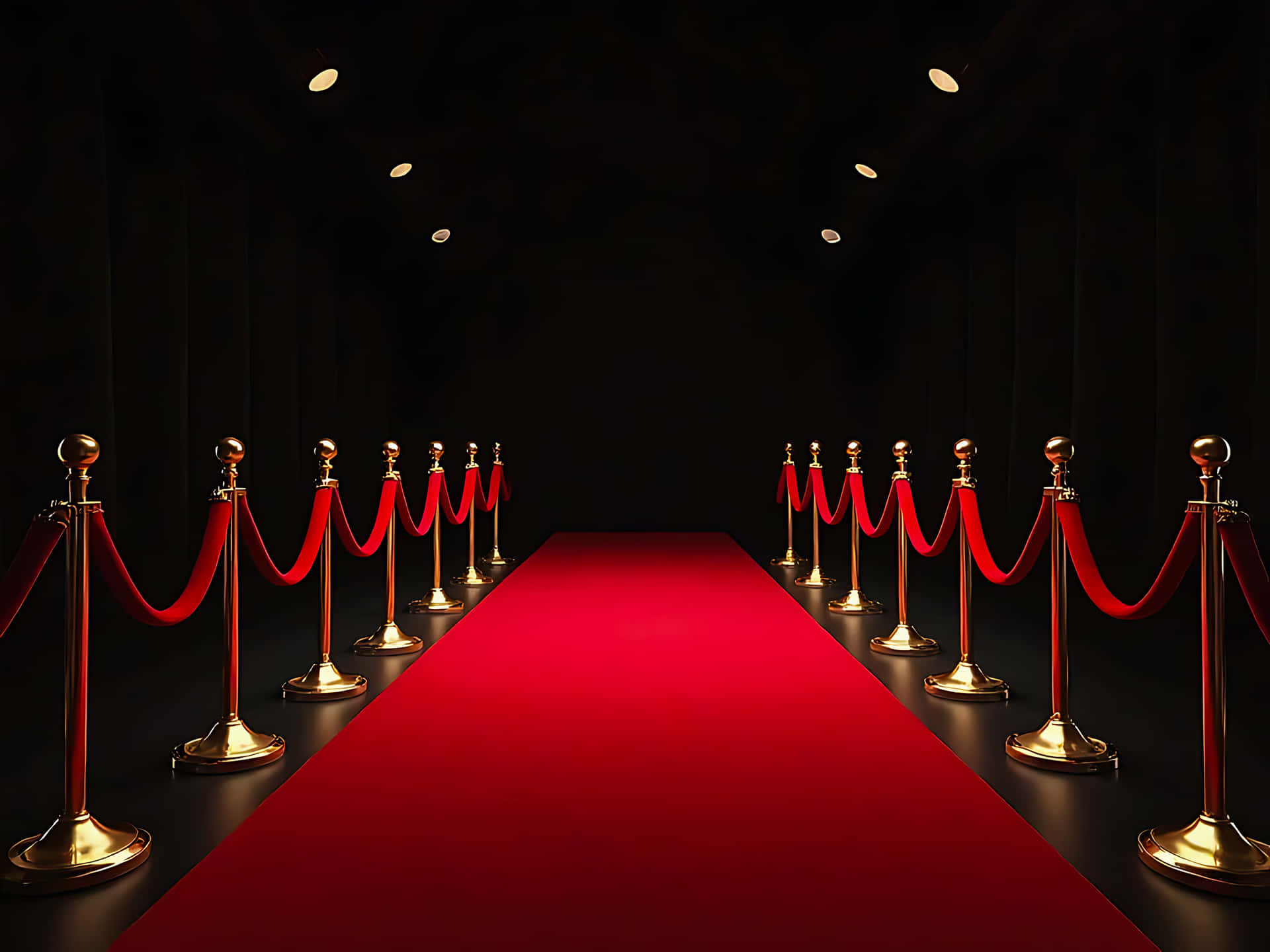 Red carpet and golden stanchions leading to a dark background 壁紙 — 一條長長的紅地毯，兩旁有金色欄杆和天鵝絨繩索，在聚光燈照射下延伸進黑暗的劇院。