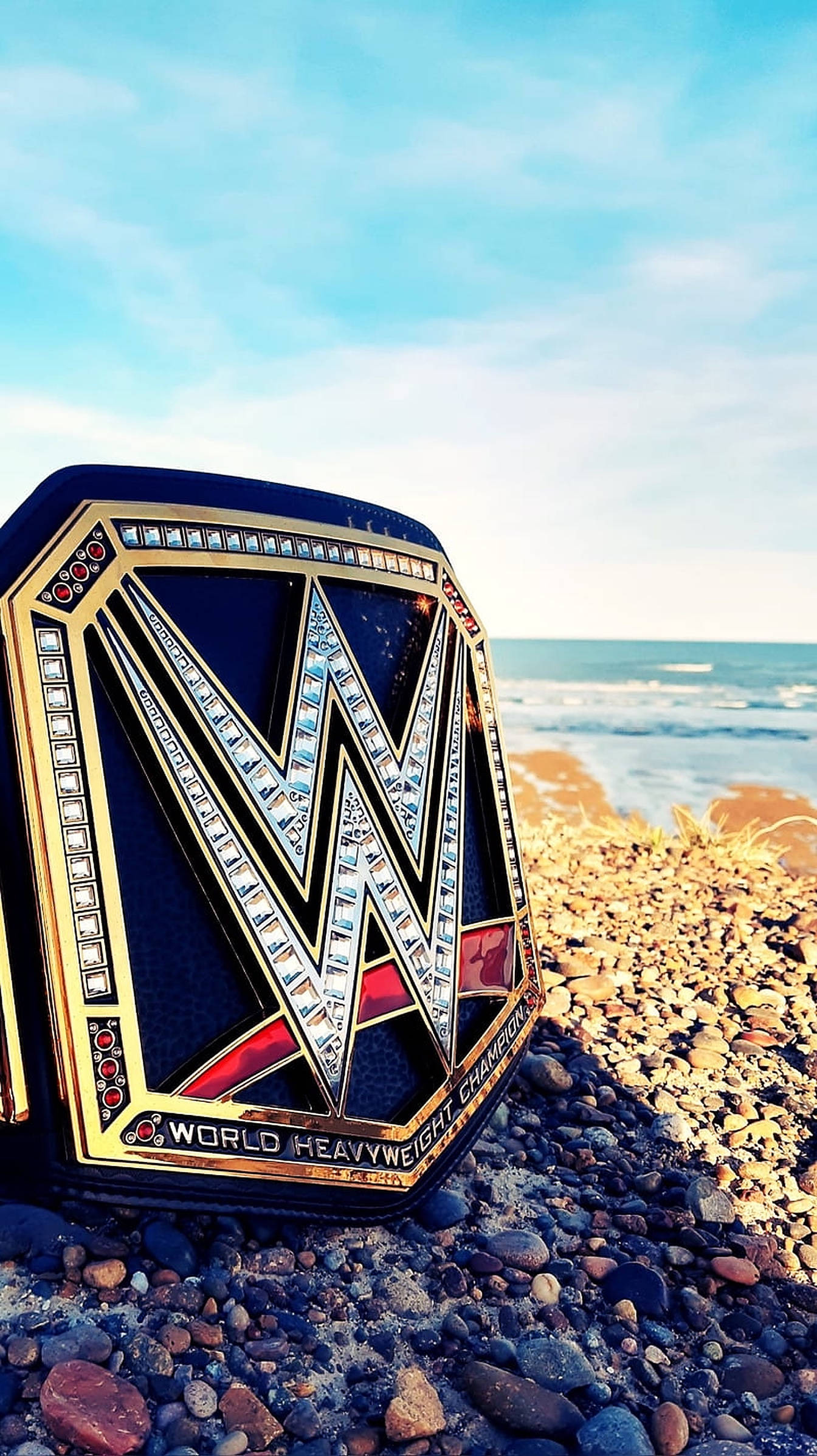 WWE 桌布 壁紙 — 一條閃亮的WWE世界重量級冠軍腰帶放在陽光明媚的卵石海灘上，背景是海浪和藍天。