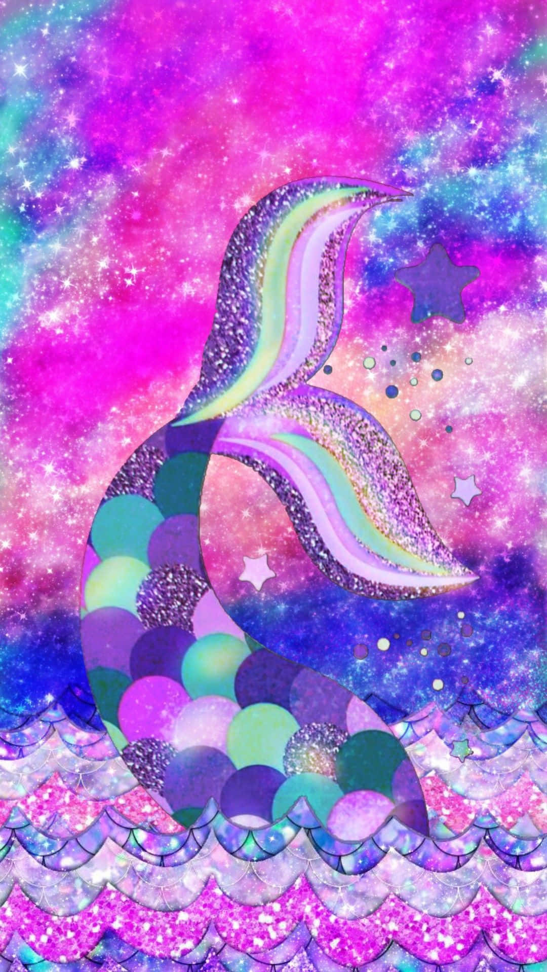 圖案 桌布 壁紙 — 一條閃爍的彩虹鱗美人魚尾巴穿過充滿星星的閃耀宇宙星雲。